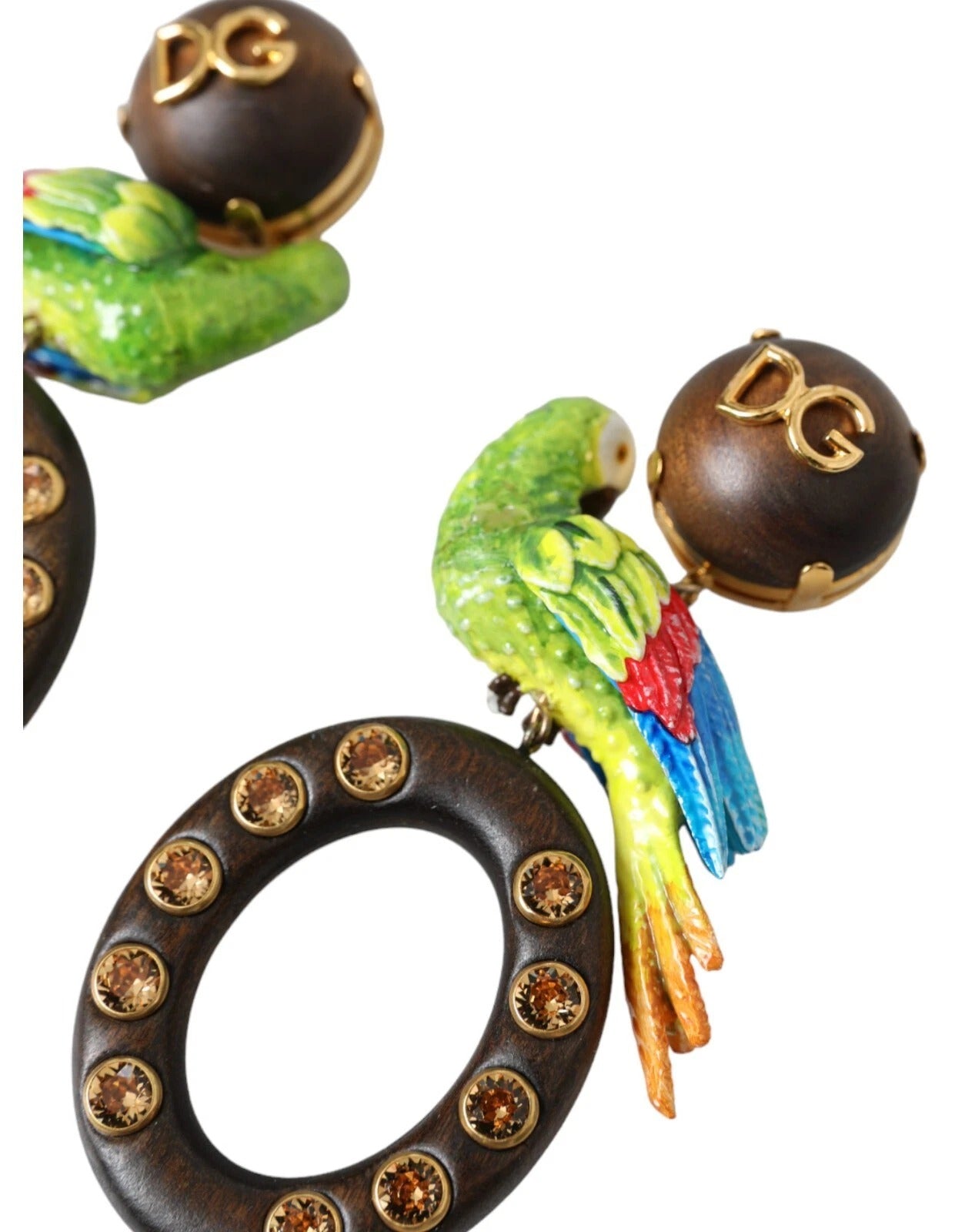 Dolce & Gabbana Parrot Wood & Brass Crystal Embellished Earrings