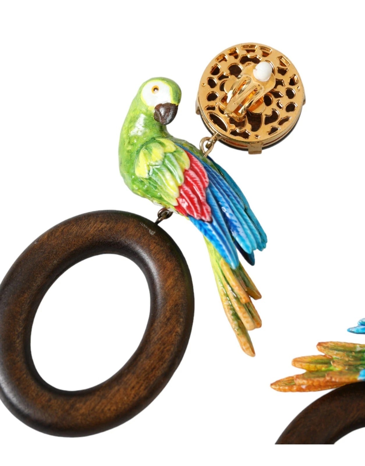 Dolce & Gabbana Parrot Wood & Brass Crystal Embellished Earrings