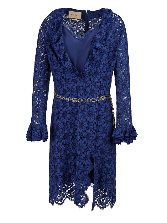 Gucci Blue Lace Floral GG Chain Belted Dress