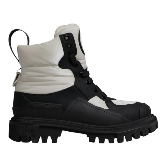 Dolce & Gabbana Black White Padded Mid Calf Lace Up Boots