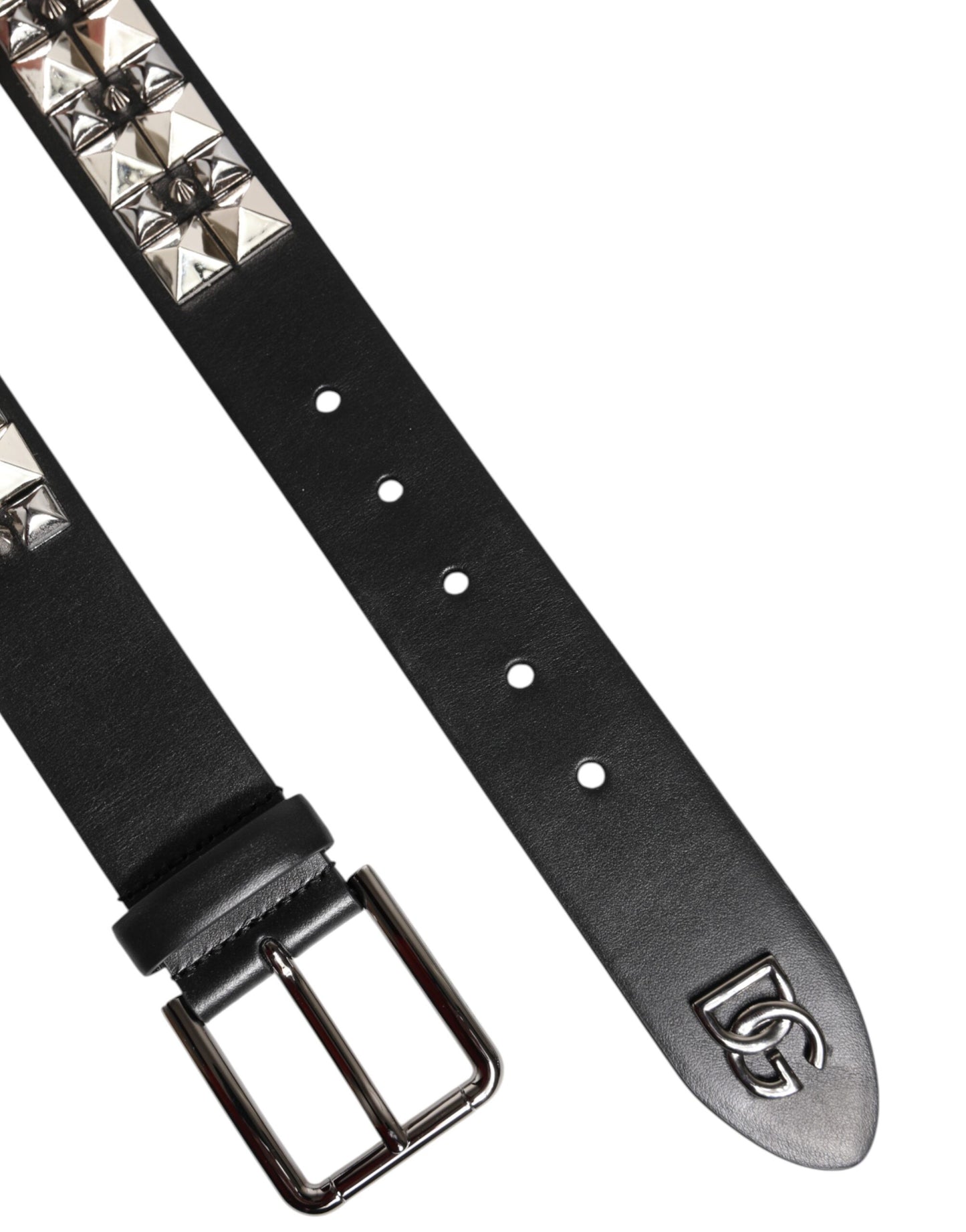 Dolce & Gabbana Black Calf Leather Studded Belt with Silver Buckle