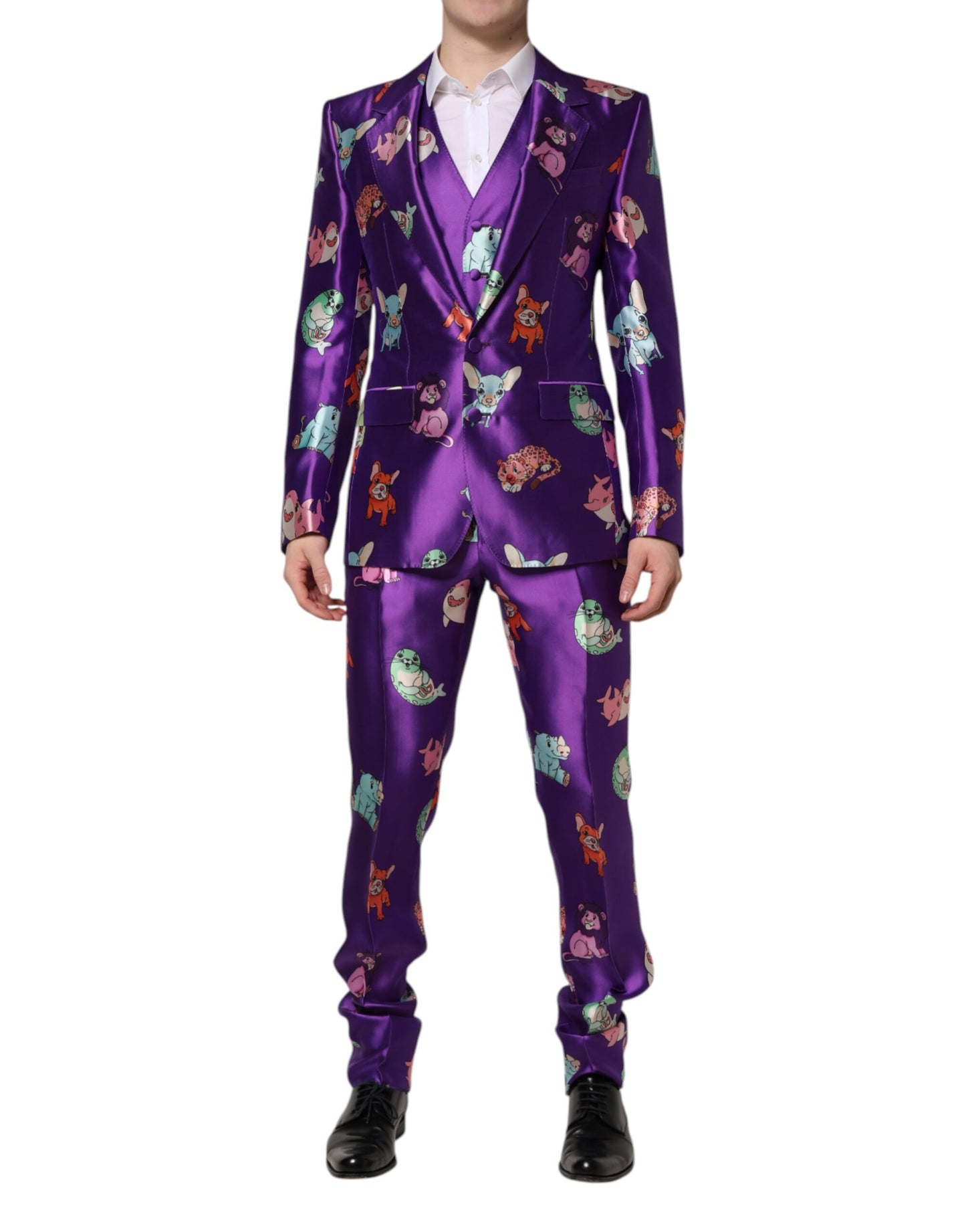 Dolce & Gabbana Purple Silk Animal Print Slim Fit 3 Piece Suit