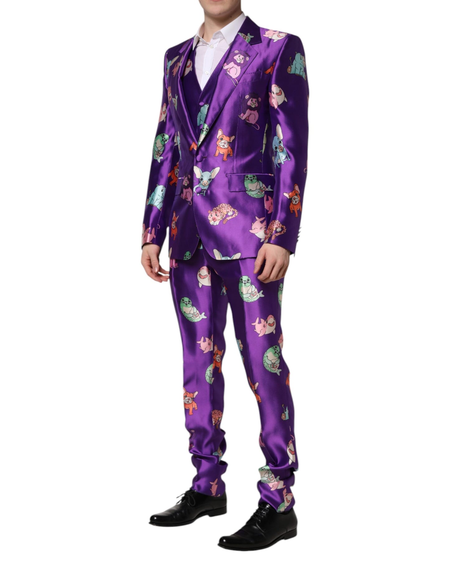 Dolce & Gabbana Purple Silk Animal Print Slim Fit 3 Piece Suit