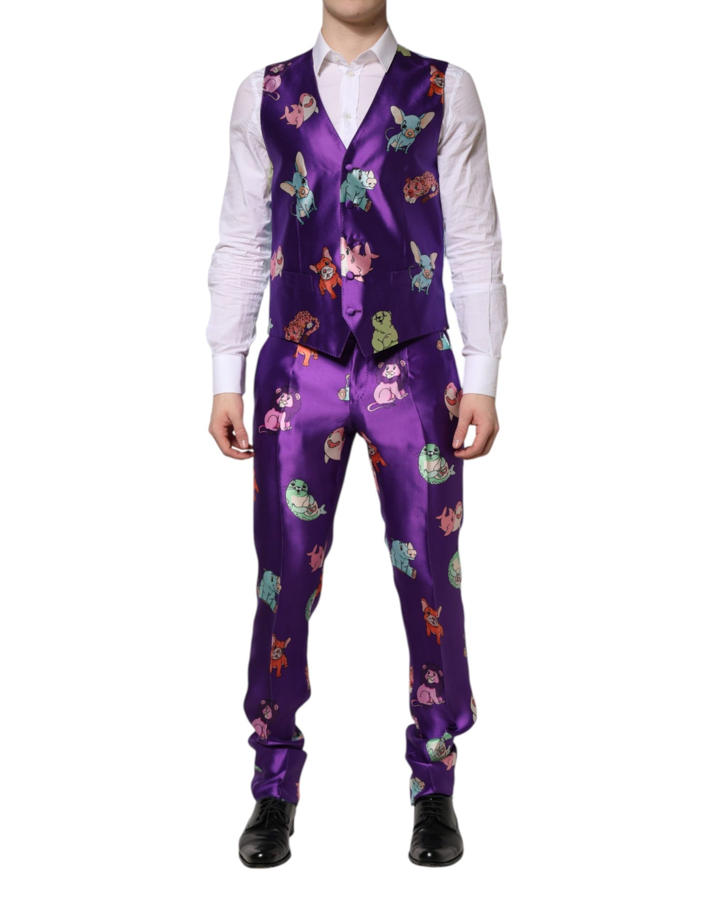 Dolce & Gabbana Purple Silk Animal Print Slim Fit 3 Piece Suit