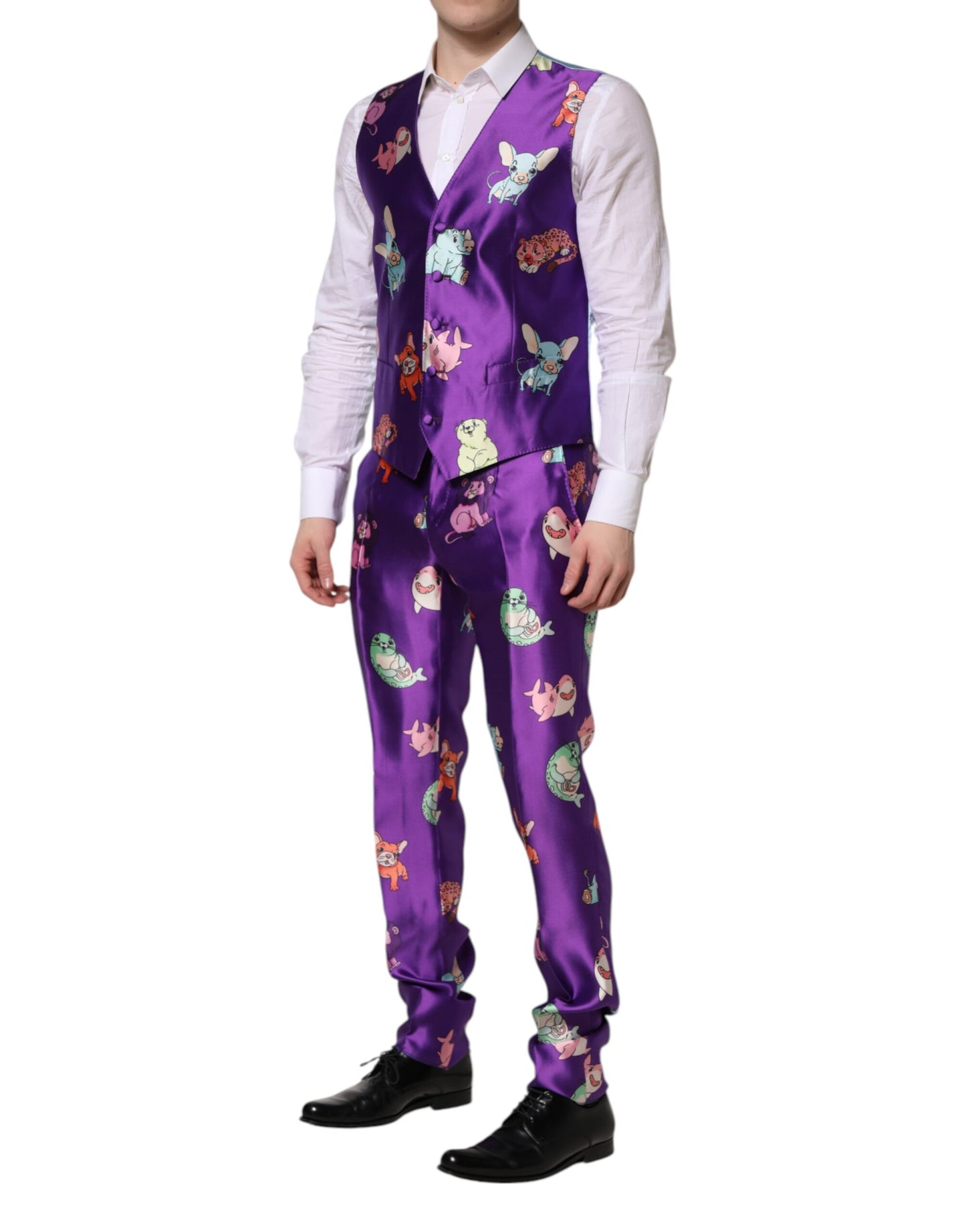 Dolce & Gabbana Purple Silk Animal Print Slim Fit 3 Piece Suit