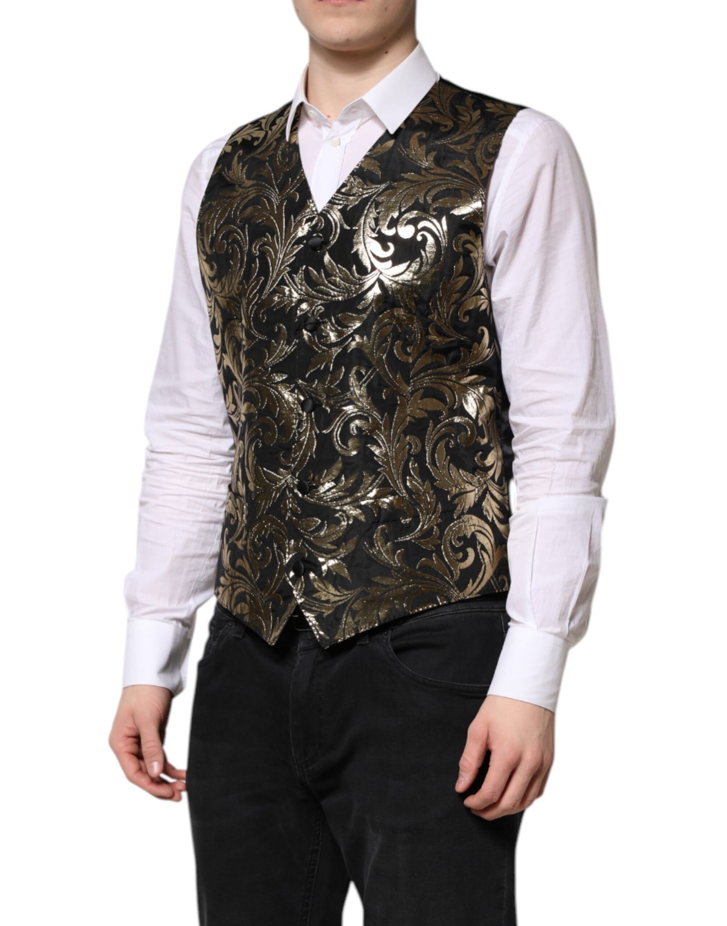 Dolce & Gabbana Black Gold Jacquard Formal Waistcoat Vest