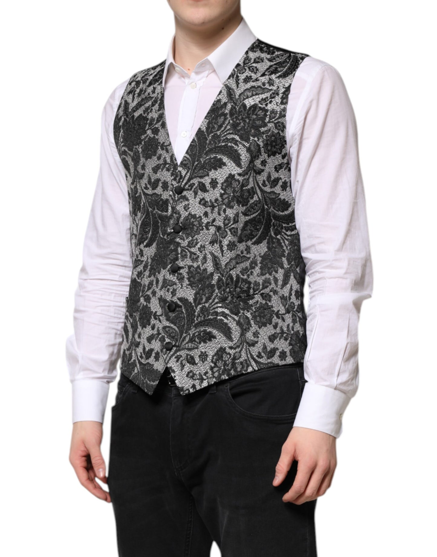 Dolce & Gabbana Black and Gray Brocade Formal Waistcoat Vest