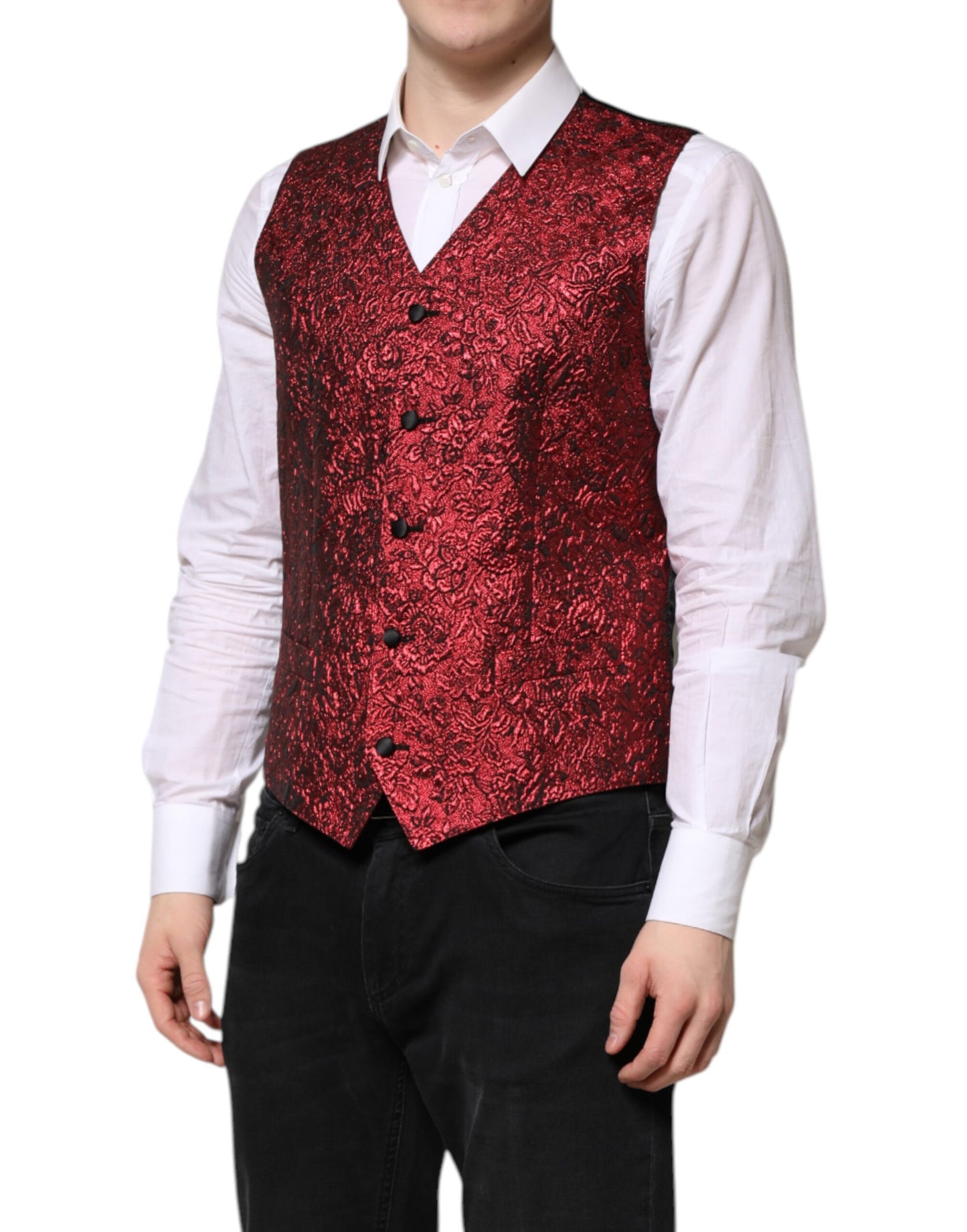 Dolce & Gabbana Red Floral Brocade Men’s Waistcoat Vest