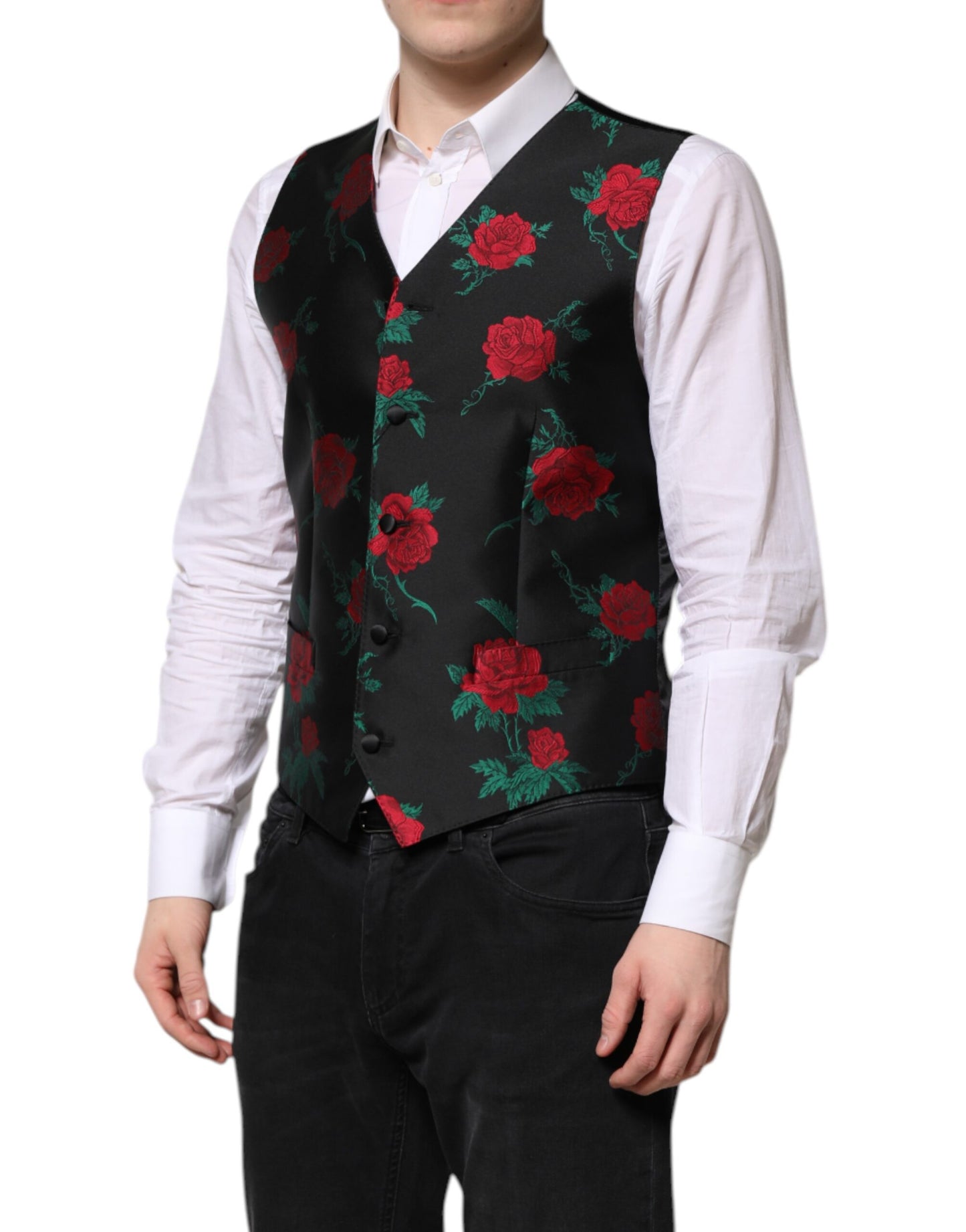 Dolce & Gabbana Black Floral Brocade Formal Waistcoat Vest