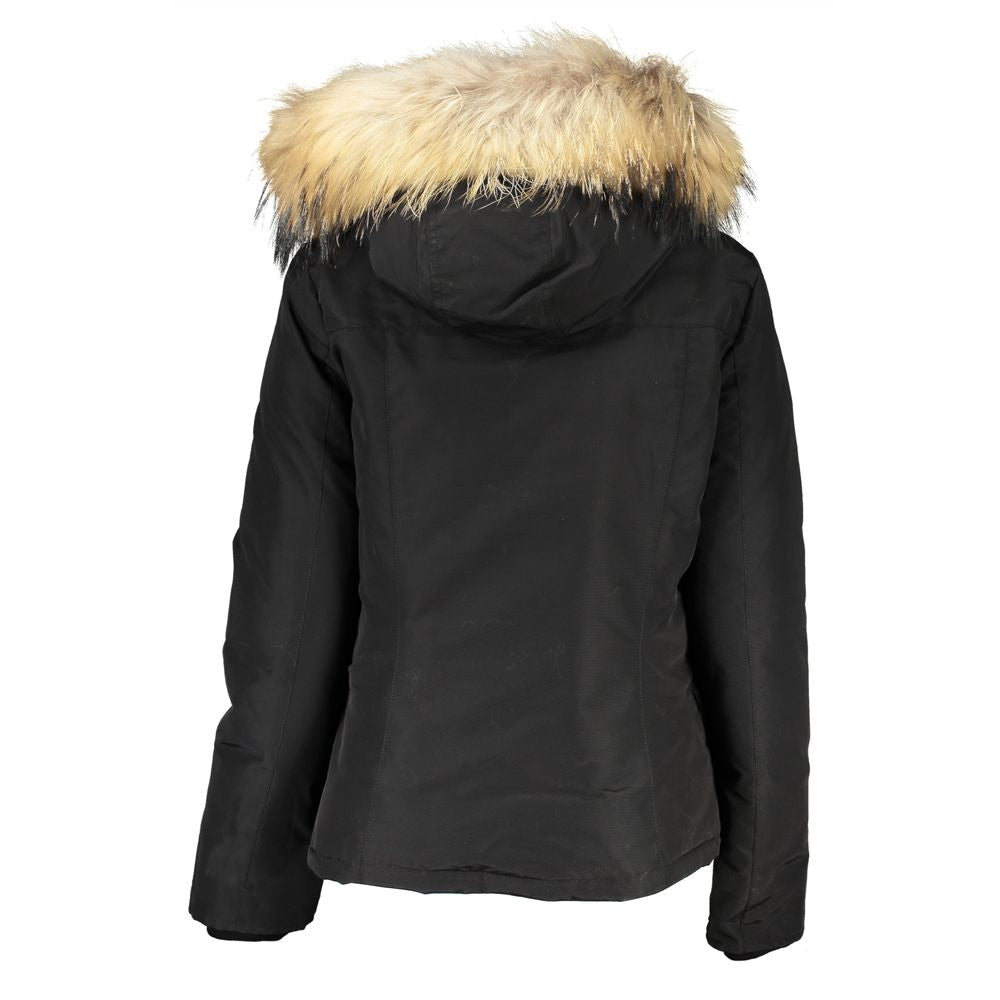 Woolrich Black Cotton Jacket with Hood and Removable Fur