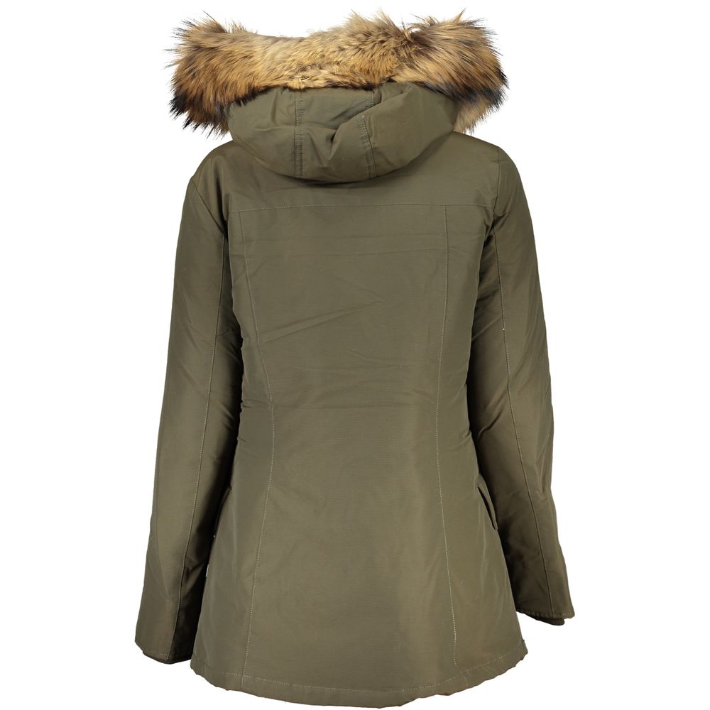 Woolrich Green Cotton Long Sleeved Jacket with Hood and Removable Fur