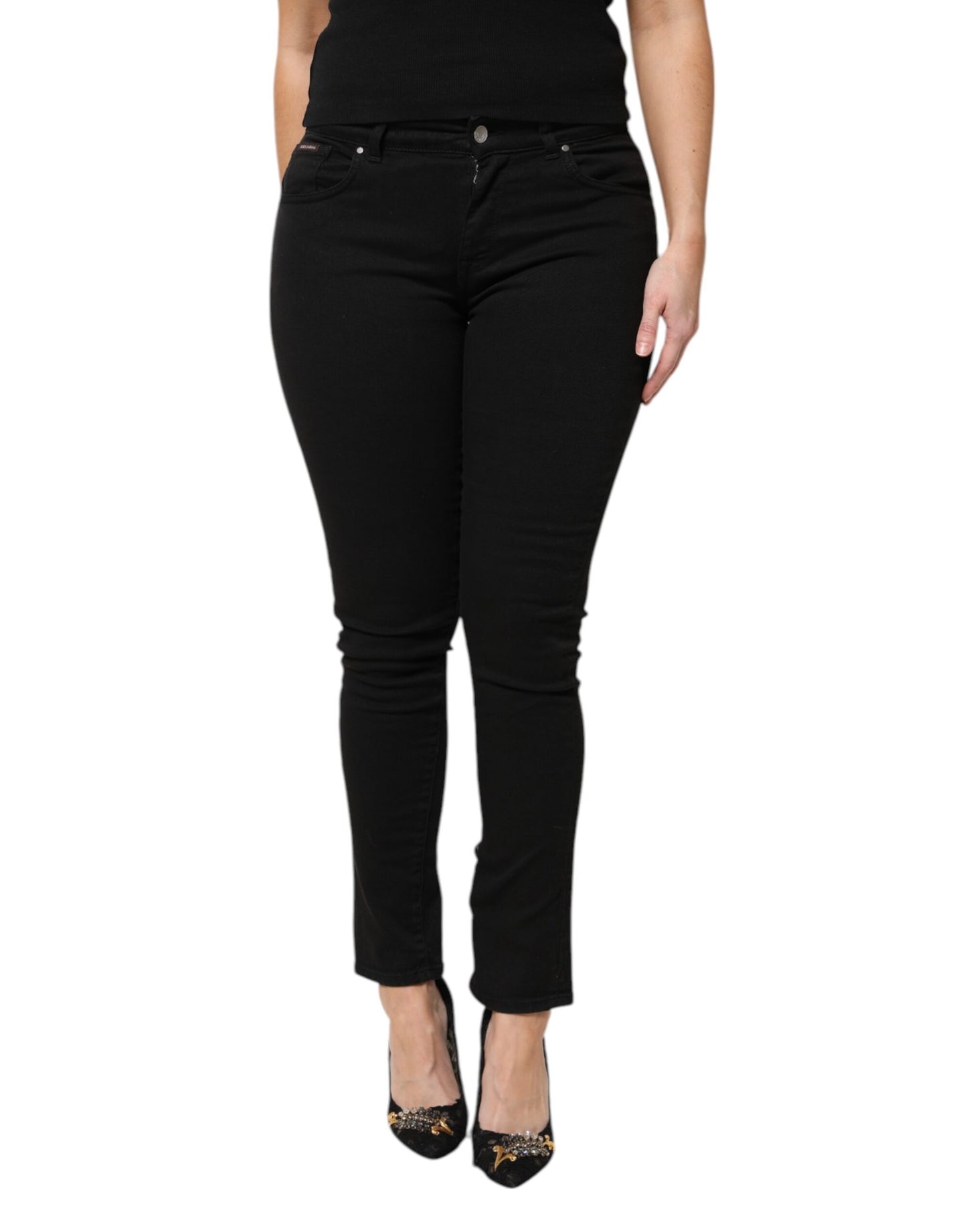 Dolce & Gabbana Black Cotton Logo Mid Waist Skinny Jeans