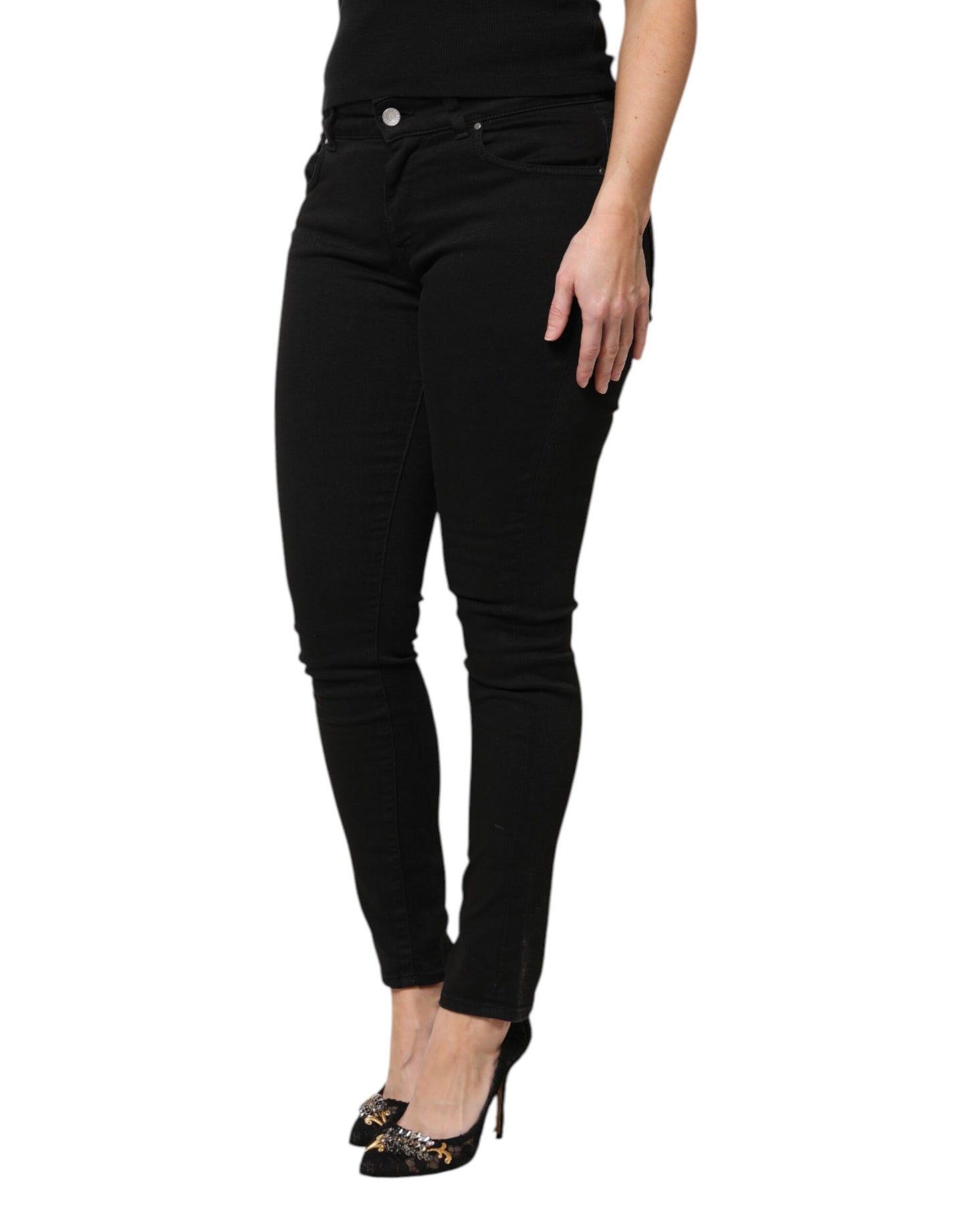 Dolce & Gabbana Black Cotton Logo Mid Waist Skinny Jeans