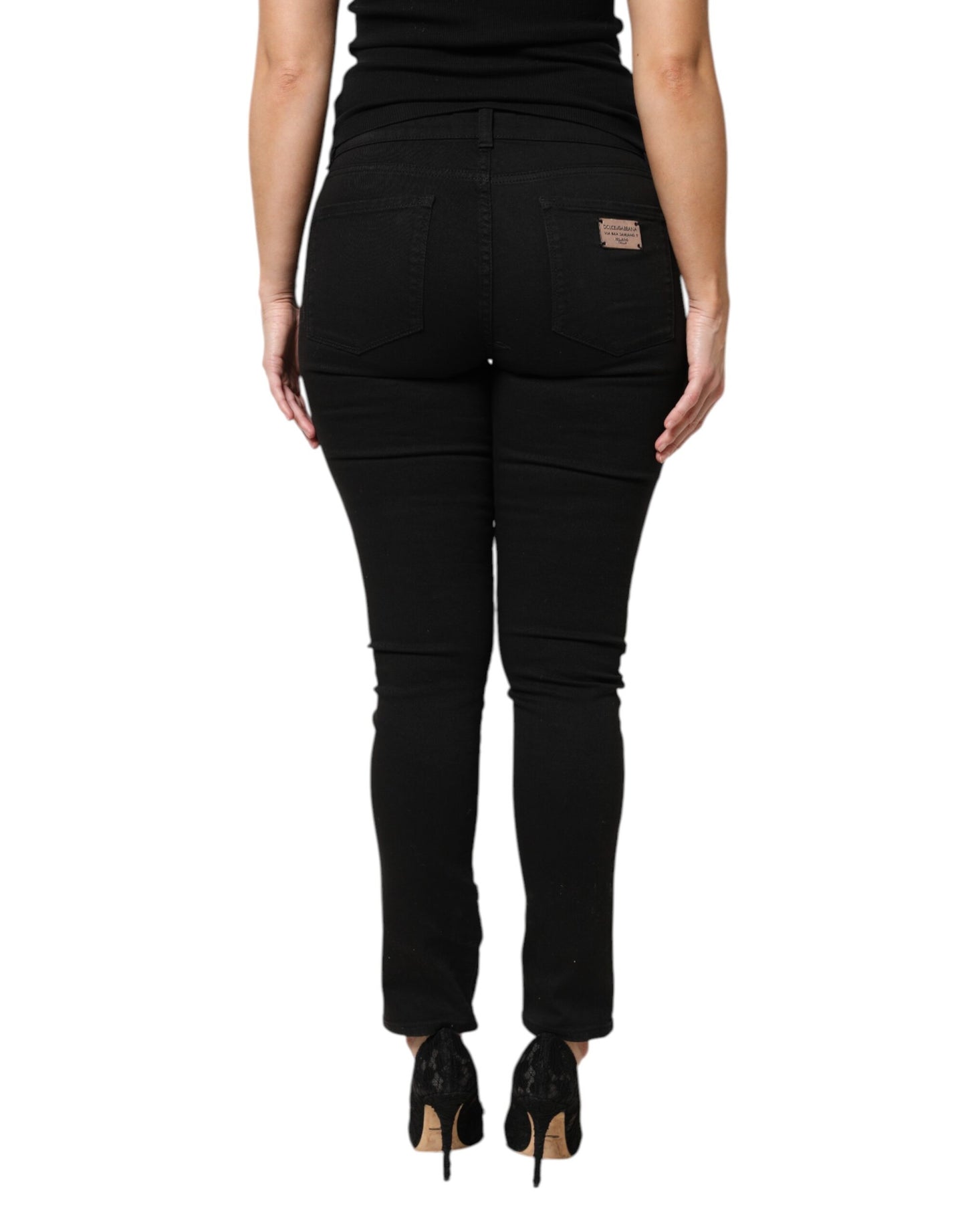 Dolce & Gabbana Black Cotton Logo Mid Waist Skinny Jeans