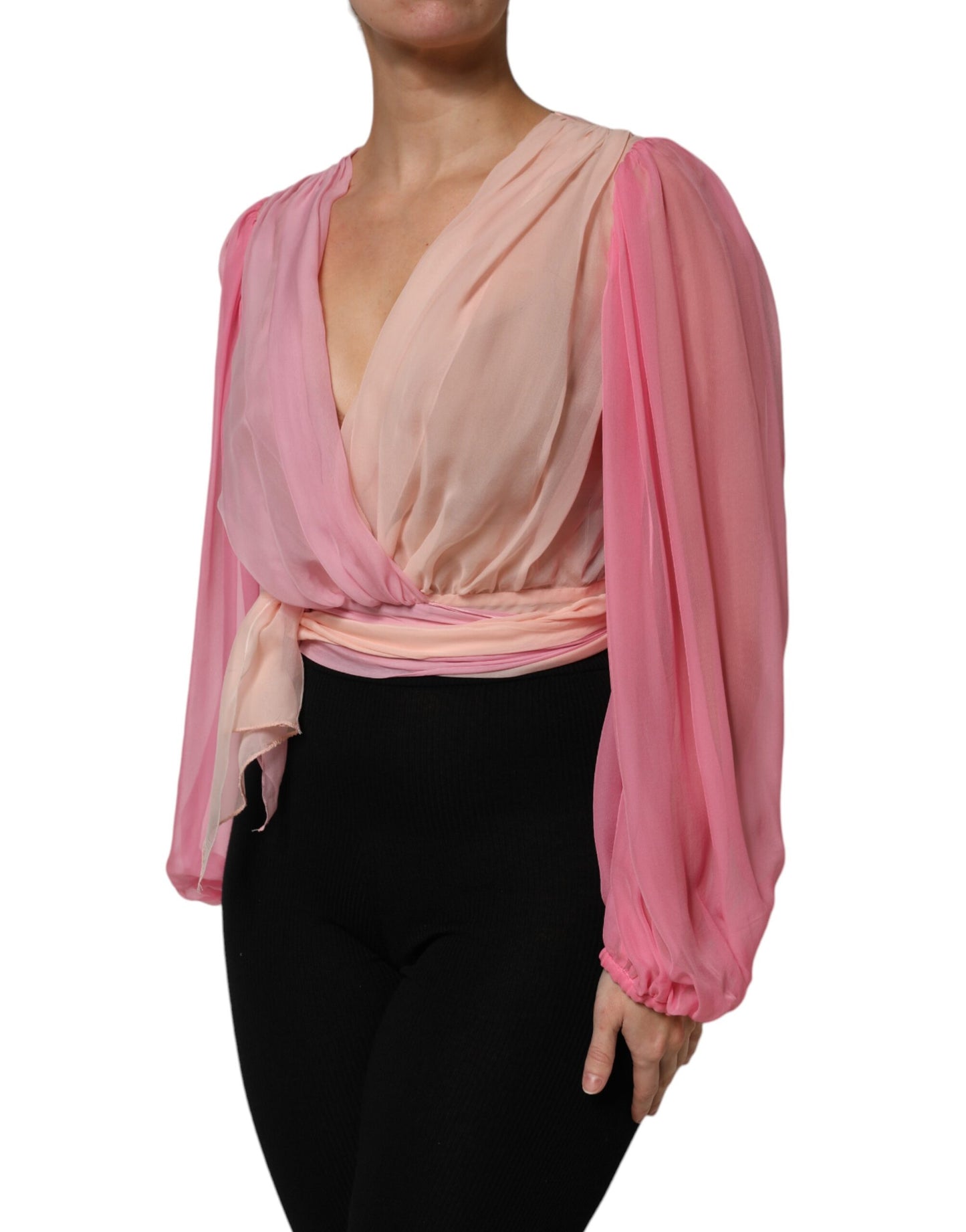 Dolce & Gabbana Pink Silk Plunging V-neck Long Sleeve Blouse