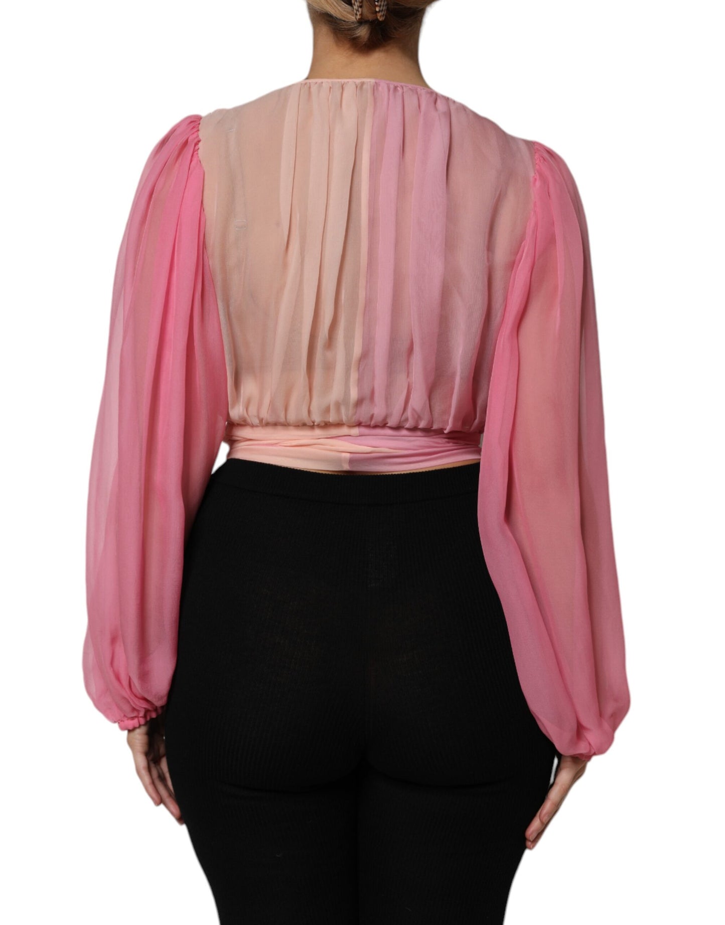 Dolce & Gabbana Pink Silk Plunging V-neck Long Sleeve Blouse