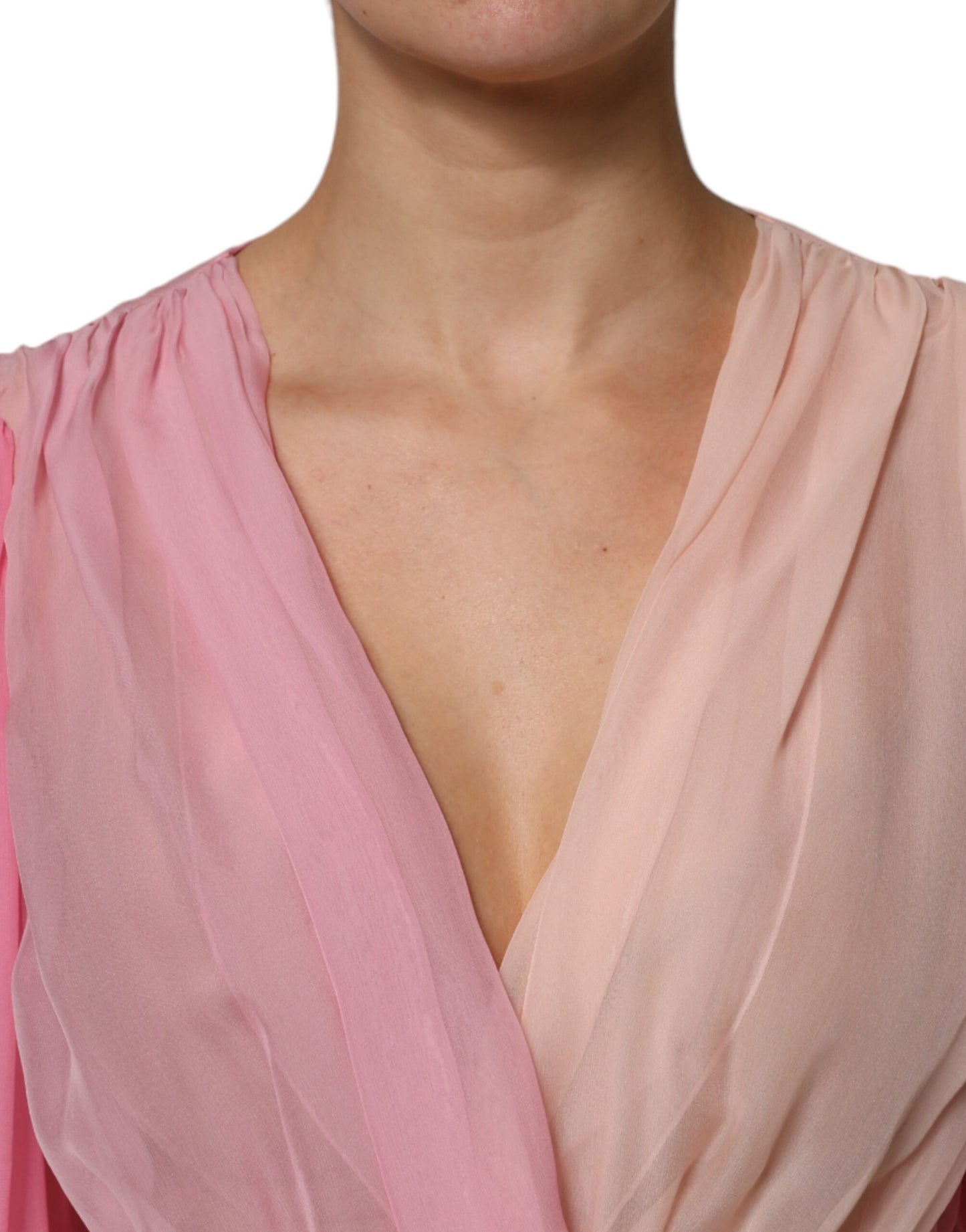 Dolce & Gabbana Pink Silk Plunging V-neck Long Sleeve Blouse