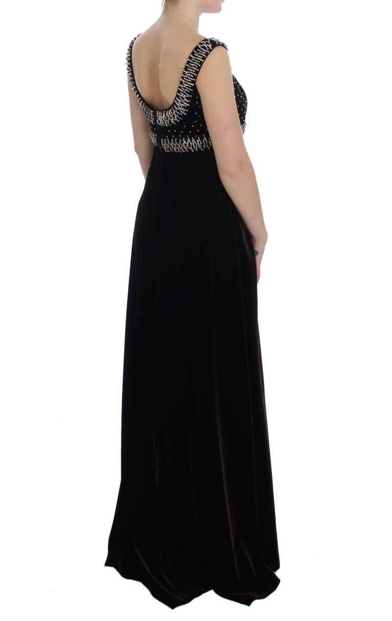 - Elegant Brown Velvet Crystal Gown