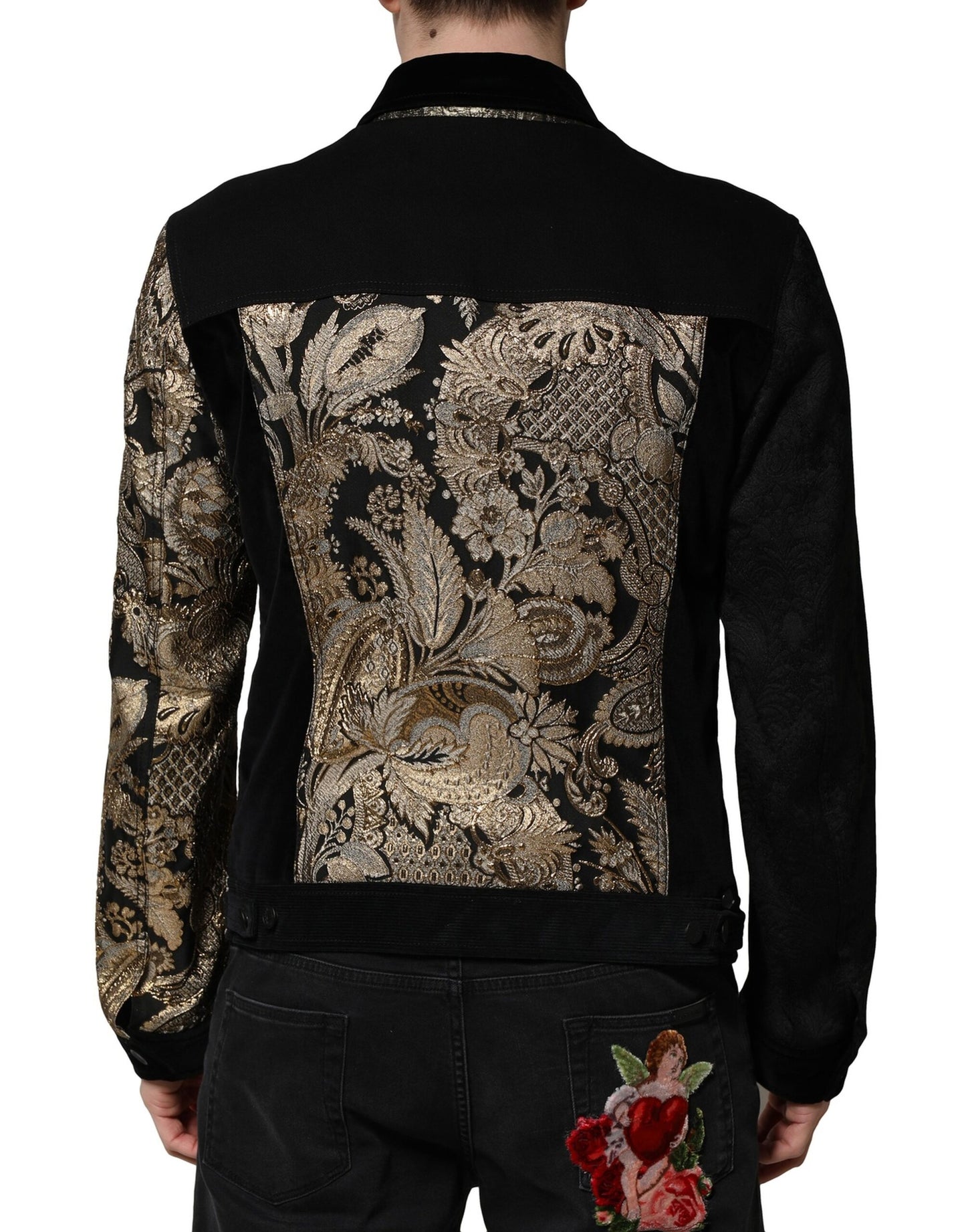 Dolce & Gabbana Black Gold Floral Jacquard Biker Jacket