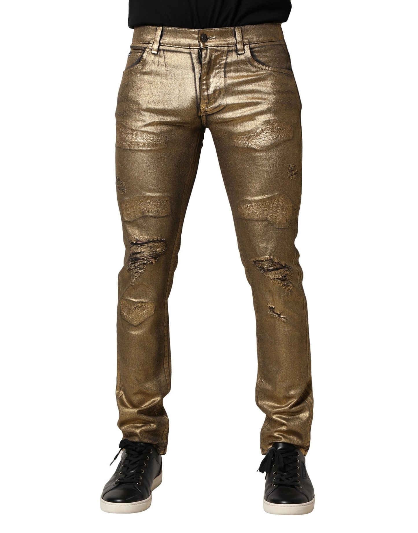 Dolce & Gabbana Gold Tattered Slim Denim Jeans