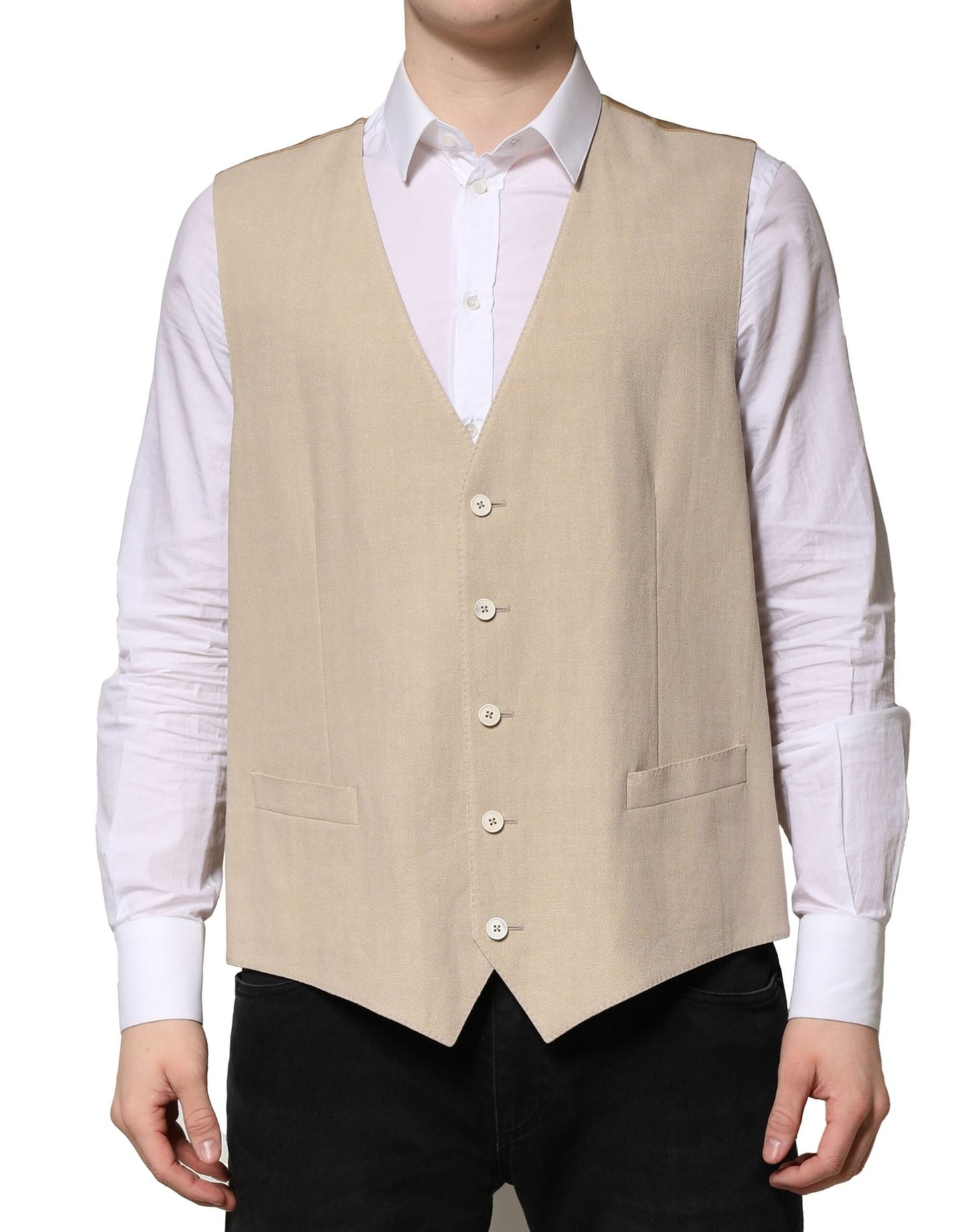 Dolce & Gabbana Beige Linen Formal Waistcoat Vest