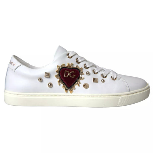 Dolce & Gabbana White Leather Gold Red Heart Sneakers