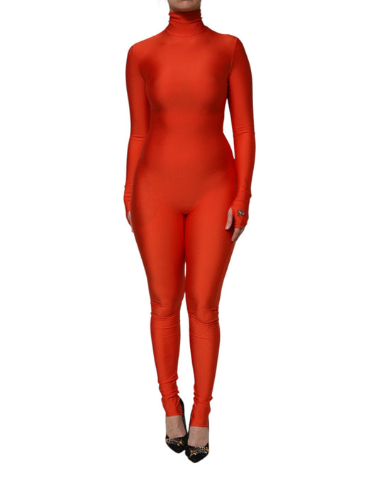 Dolce & Gabbana Red Nylon Turtleneck Bodycon Catsuit