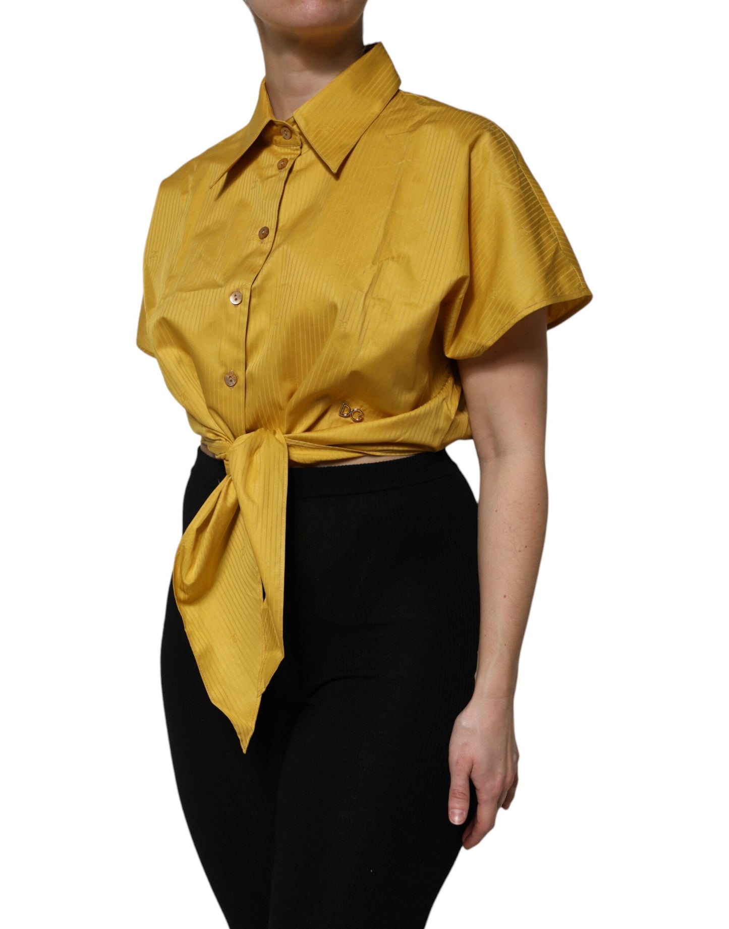 Dolce & Gabbana Mustard Short Sleeves Collared Tie Waist Blouse Top