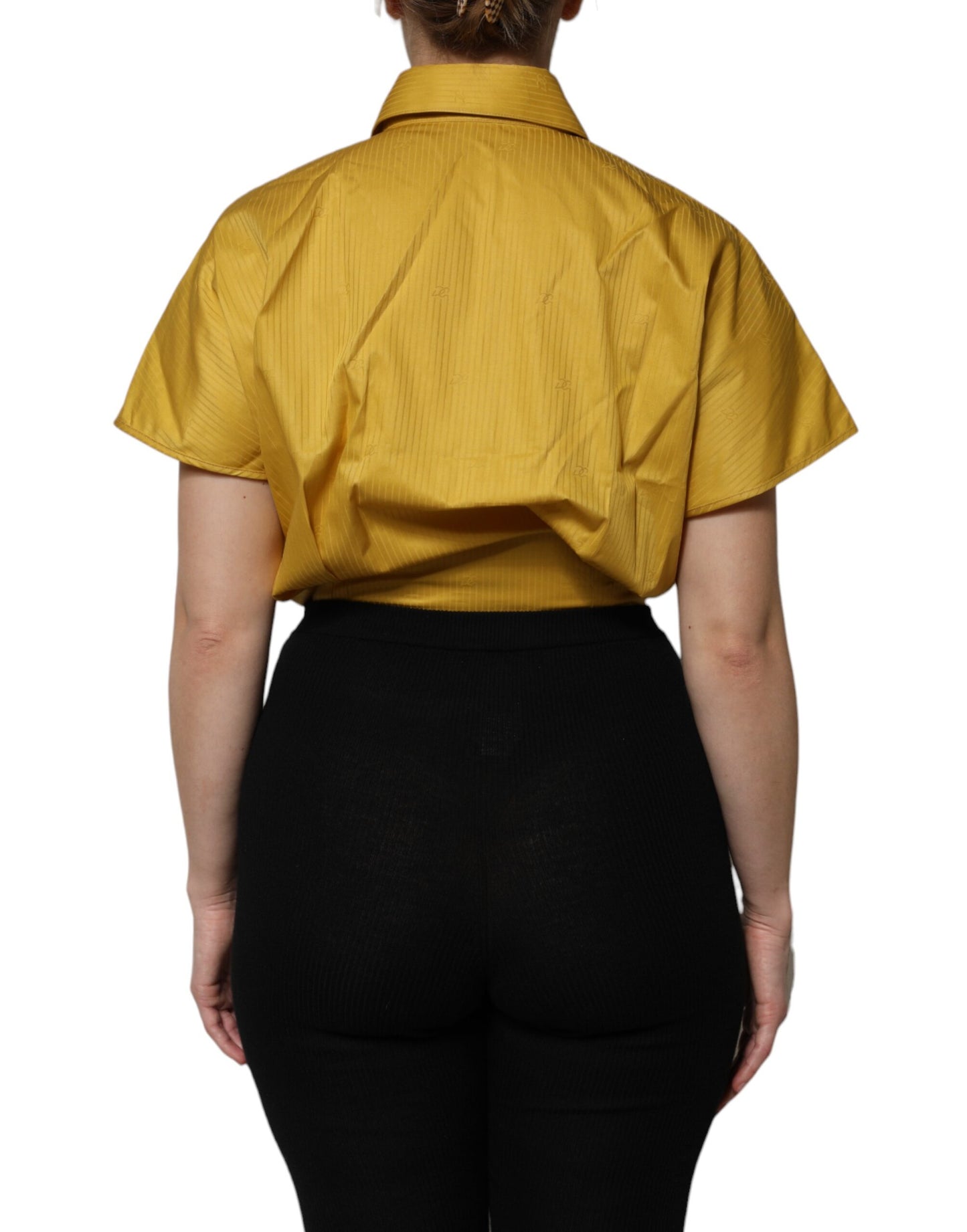 Dolce & Gabbana Mustard Short Sleeves Collared Tie Waist Blouse Top