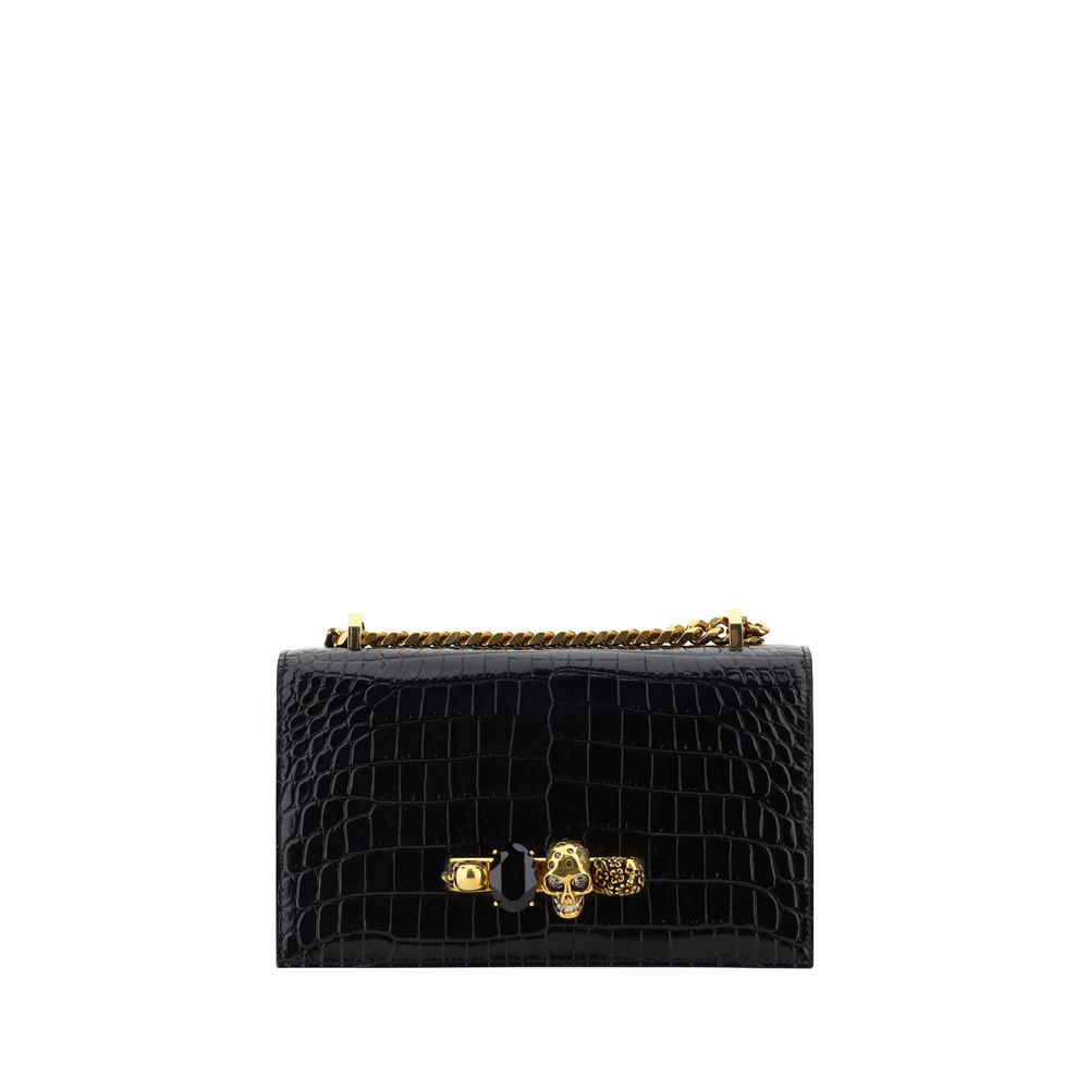 Alexander McQueen Black Leather & Gold Chain Skull Hardware Shoulder Bag
