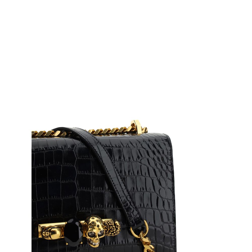Alexander McQueen Black Leather & Gold Chain Skull Hardware Shoulder Bag