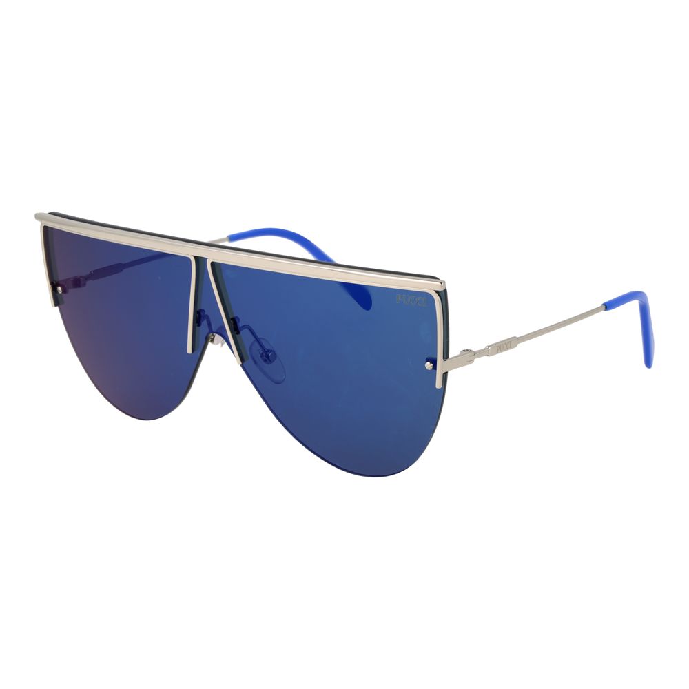 Emilio Pucci Women’s Sunglasses – Silver Half-Rim Frame with Mirrored Blue Lenses, 142mm