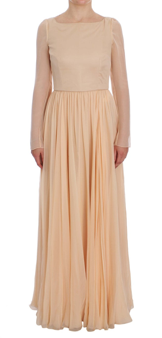 - Elegant Beige Silk Full Length Sheath Dress