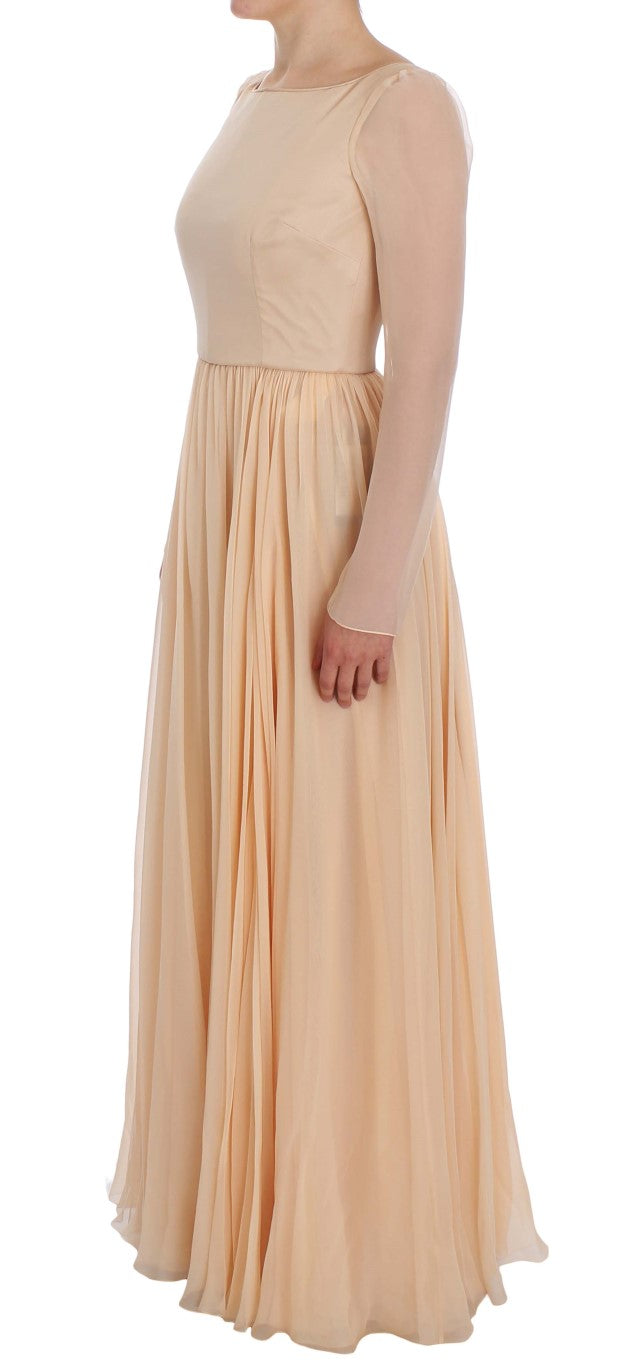 - Elegant Beige Silk Full Length Sheath Dress