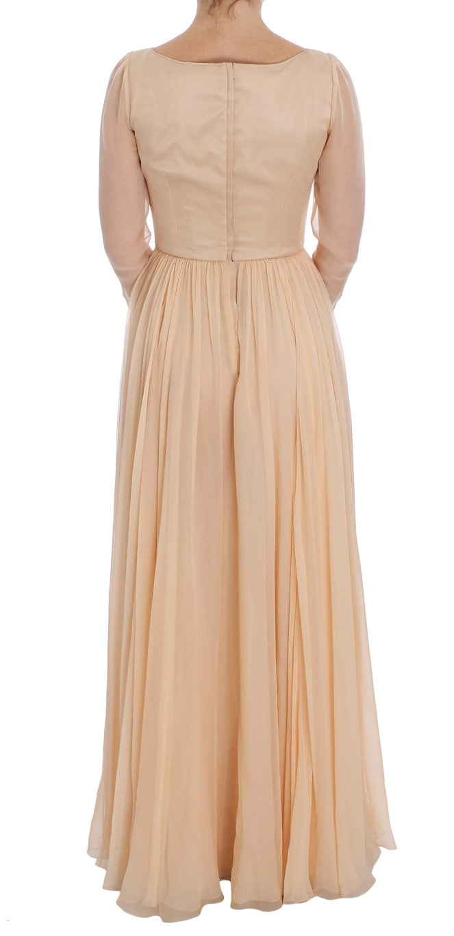 - Elegant Beige Silk Full Length Sheath Dress