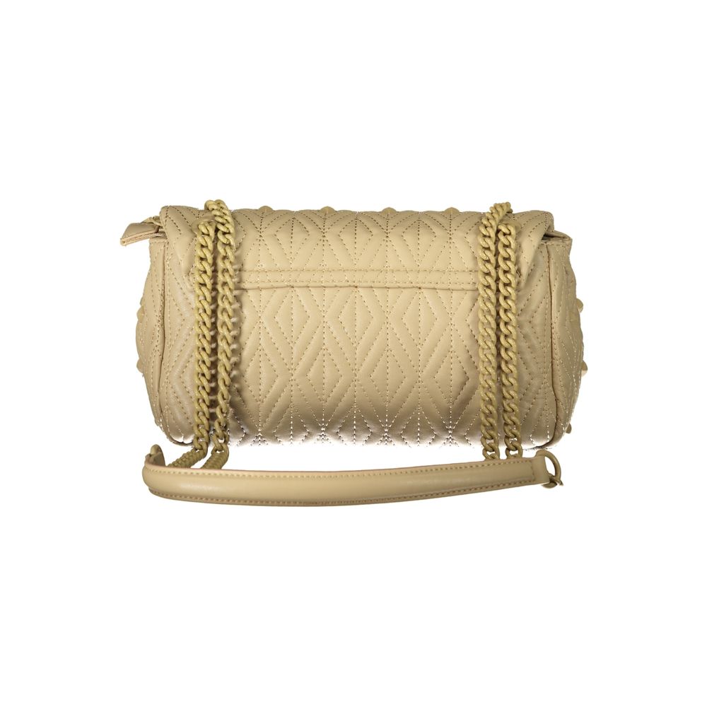 Mario Valentino Beige Leather-Finish Shoulder Bag with Chain Detail