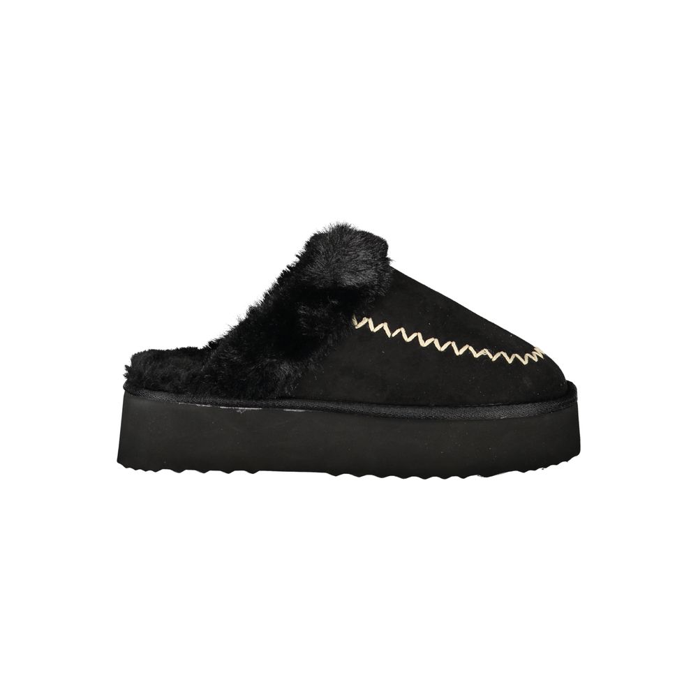 Laura Biagiotti Black Polyester Sandal - Luxurious Fur Slipper
