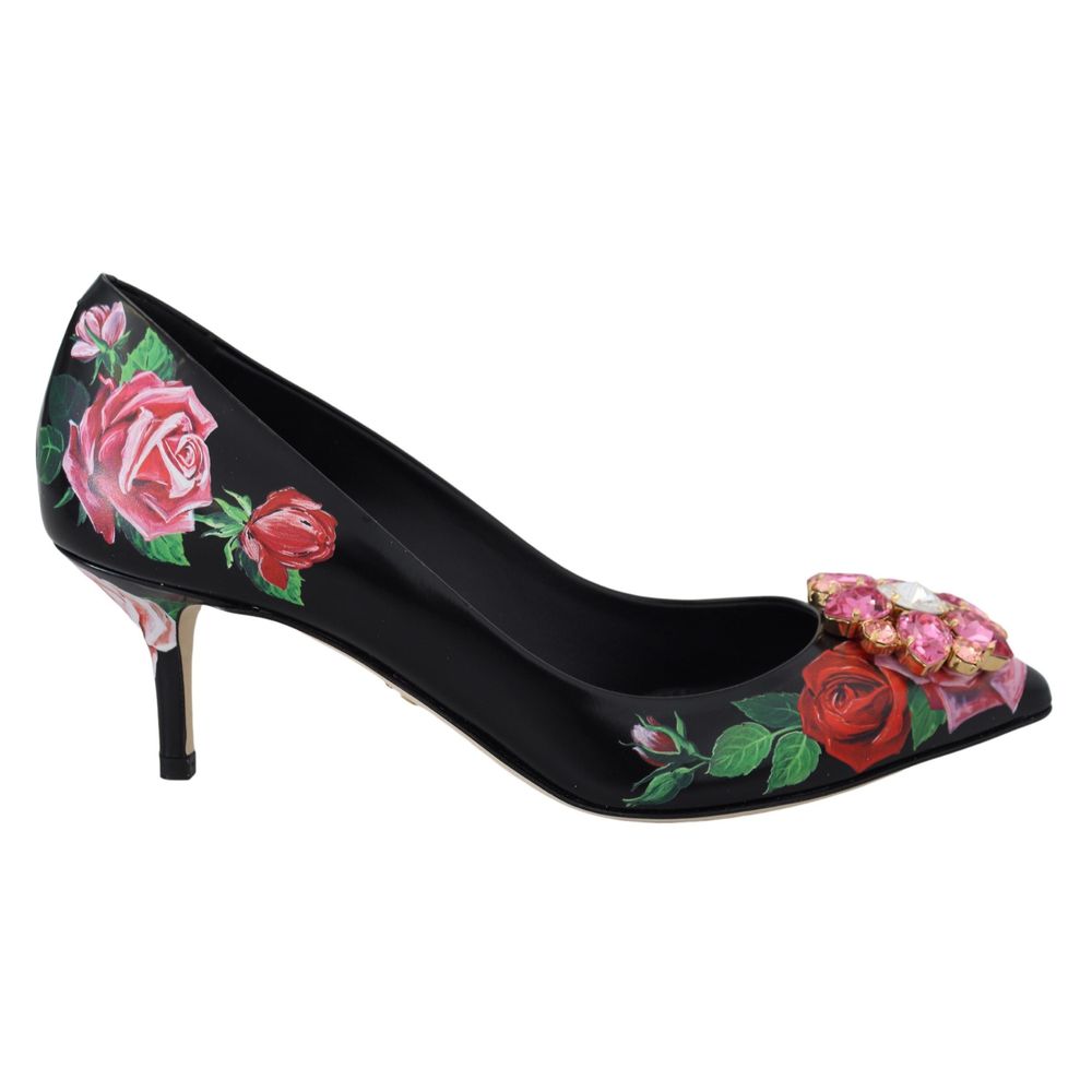 Dolce & Gabbana Black Leather Floral Print Pumps