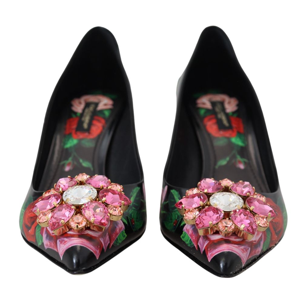 Dolce & Gabbana Black Leather Floral Print Pumps