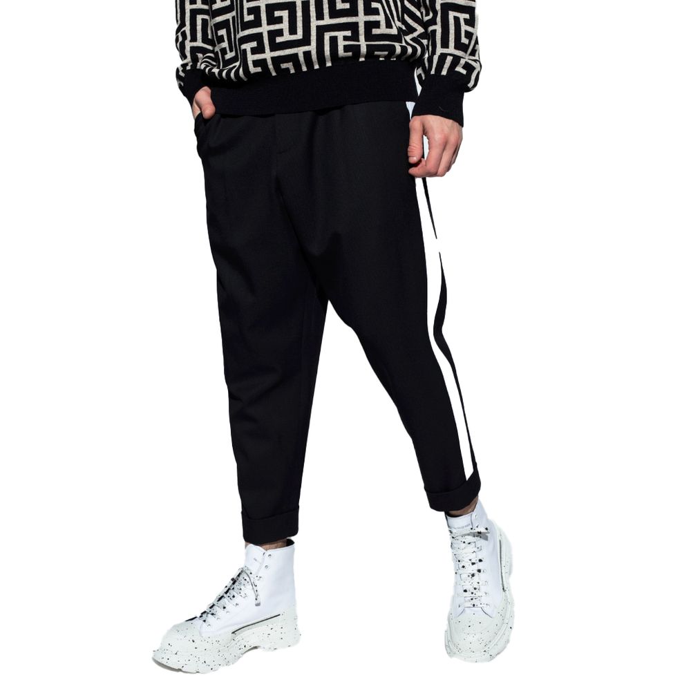 Balmain Black Cotton Trousers with White Side Stripes