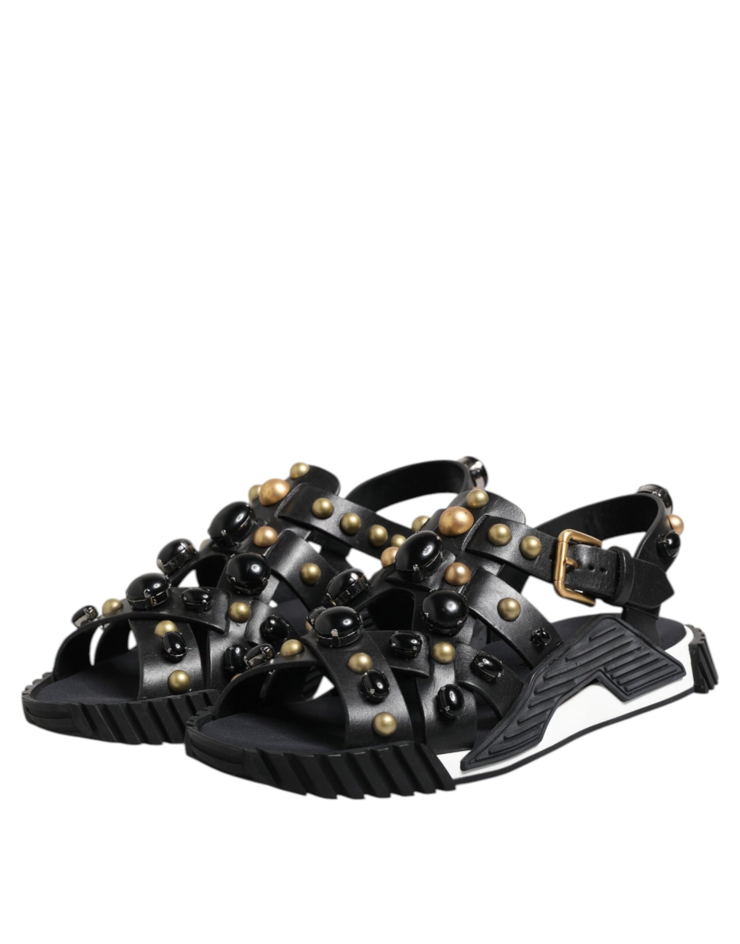 Dolce & Gabbana Black Leather Studded Ankle Strap Sandals