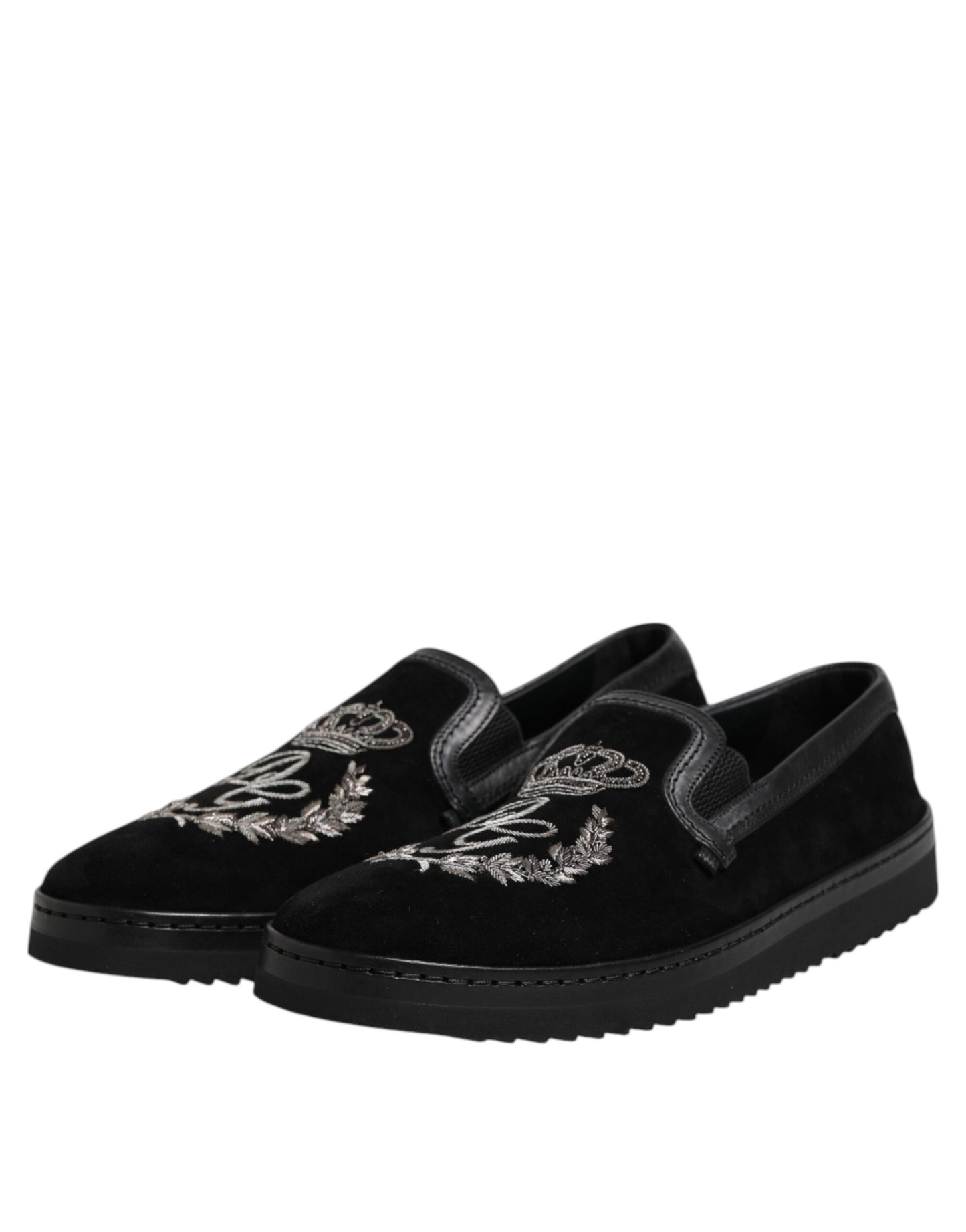 Dolce & Gabbana Black Embroidered Crown Loafers