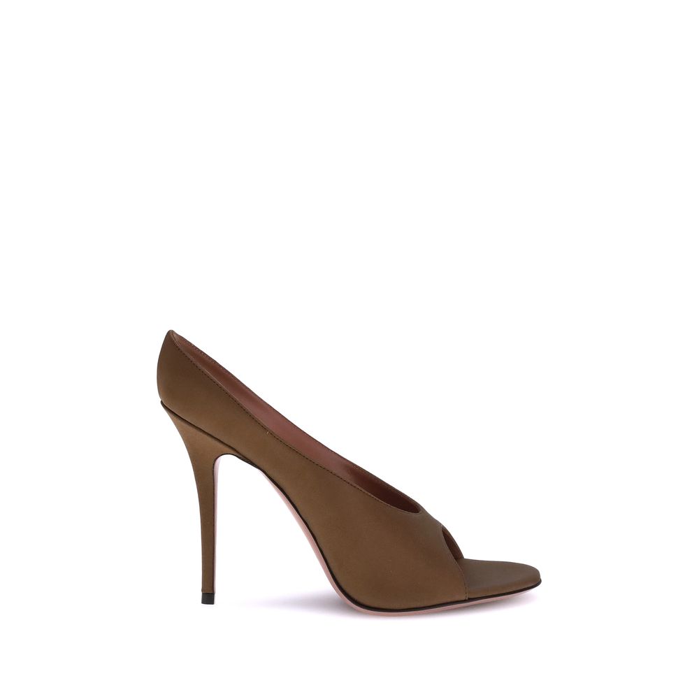 Amina Muaddi Anok Satin Sandals in Mocha