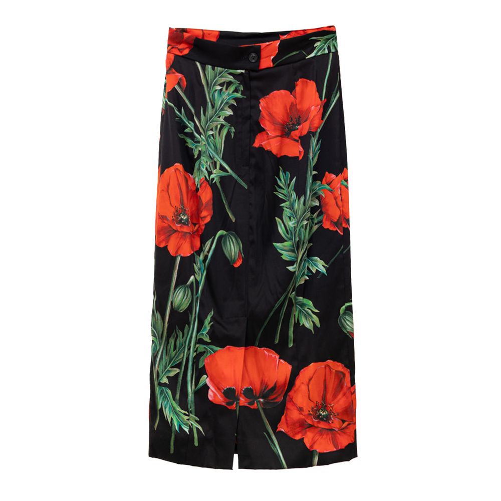 Dolce & Gabbana Black with Red Roses Print Silk Skirt