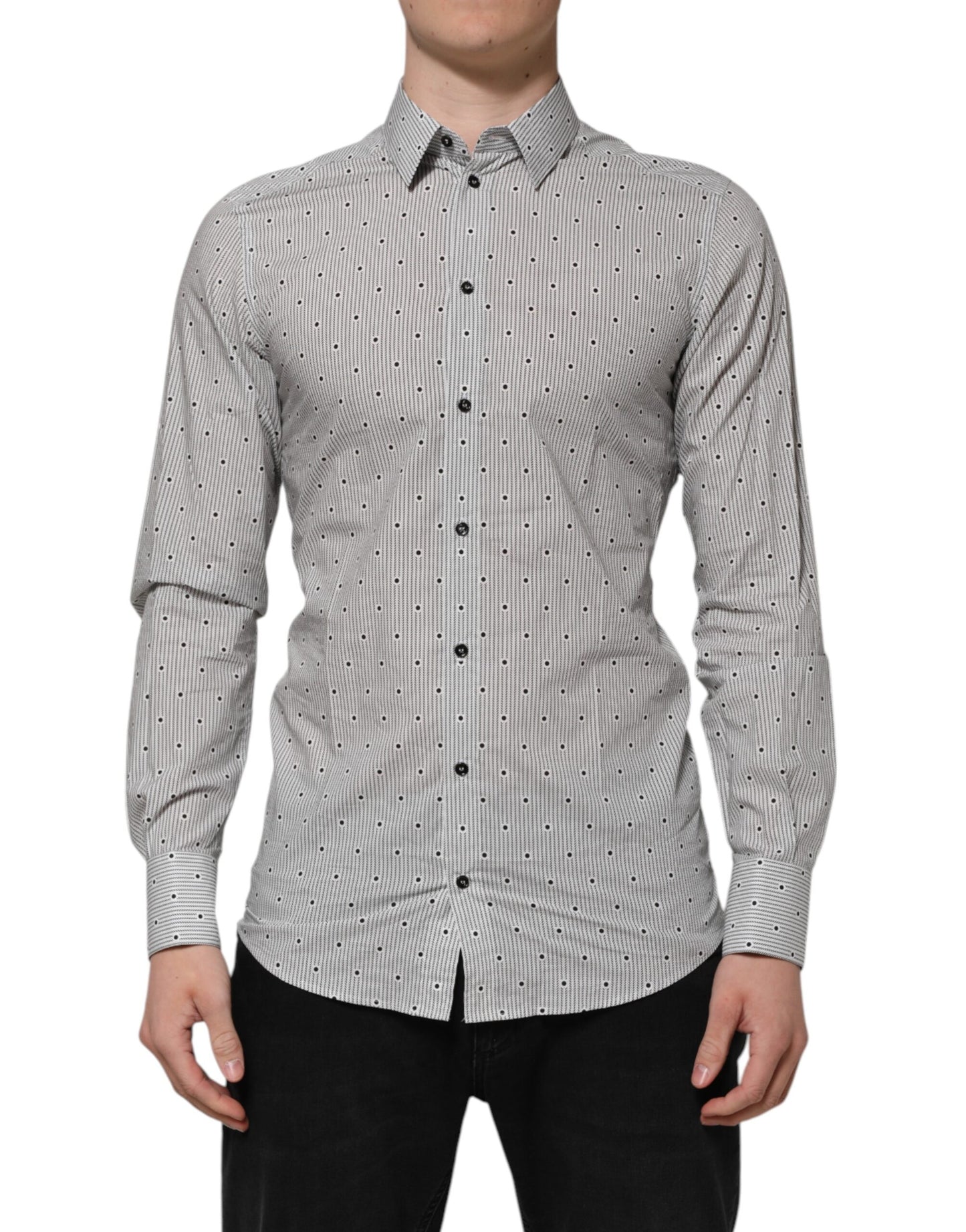 Dolce & Gabbana Gray Dotted Semi Fitted Gold Men Formal Shirt