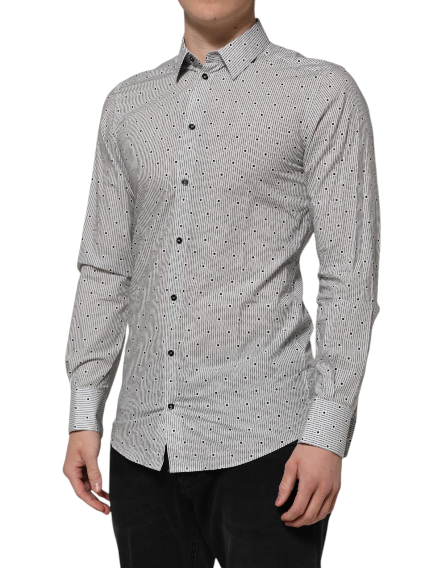 Dolce & Gabbana Gray Dotted Semi Fitted Gold Men Formal Shirt