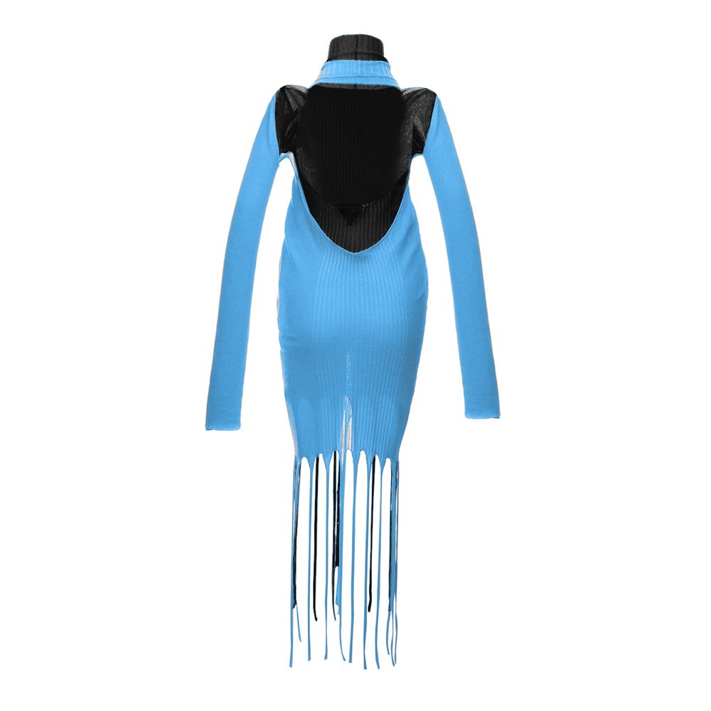Bottega Veneta Blue Cotton & Silk Blend Cold Shoulder Fringed Dress