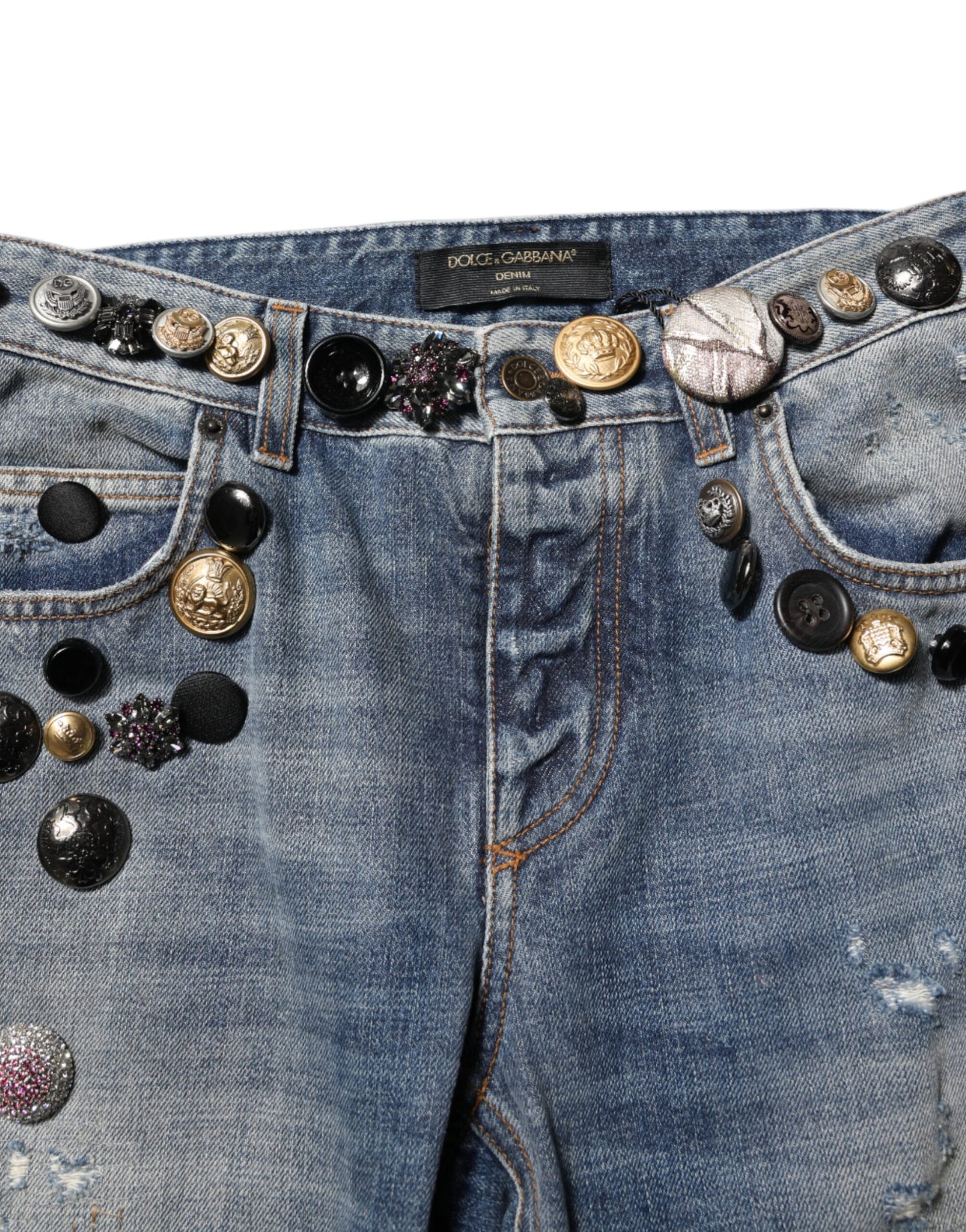 Dolce & Gabbana Blue Embellished Tattered Skinny Denim Jeans