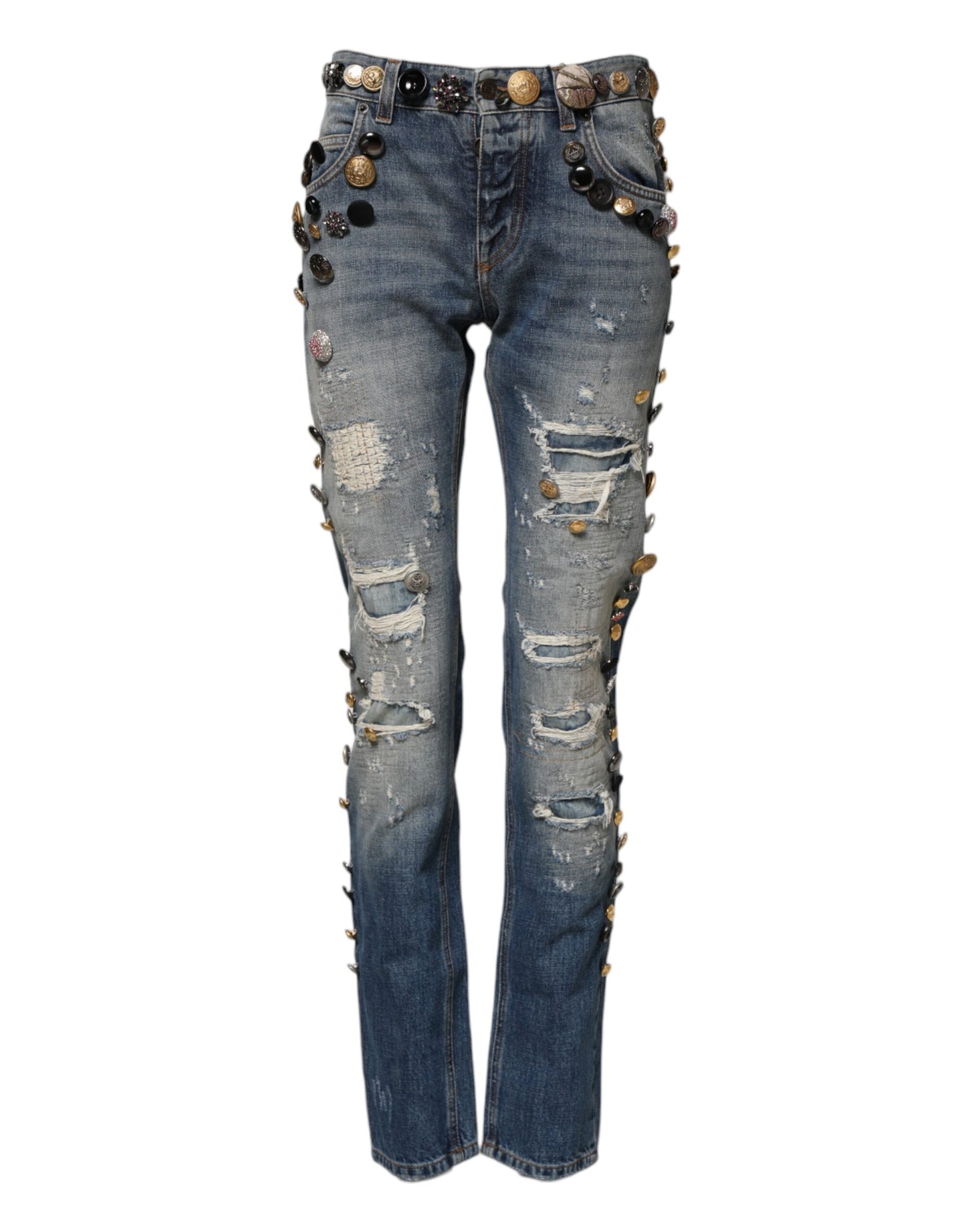 Dolce & Gabbana Blue Embellished Tattered Skinny Denim Jeans