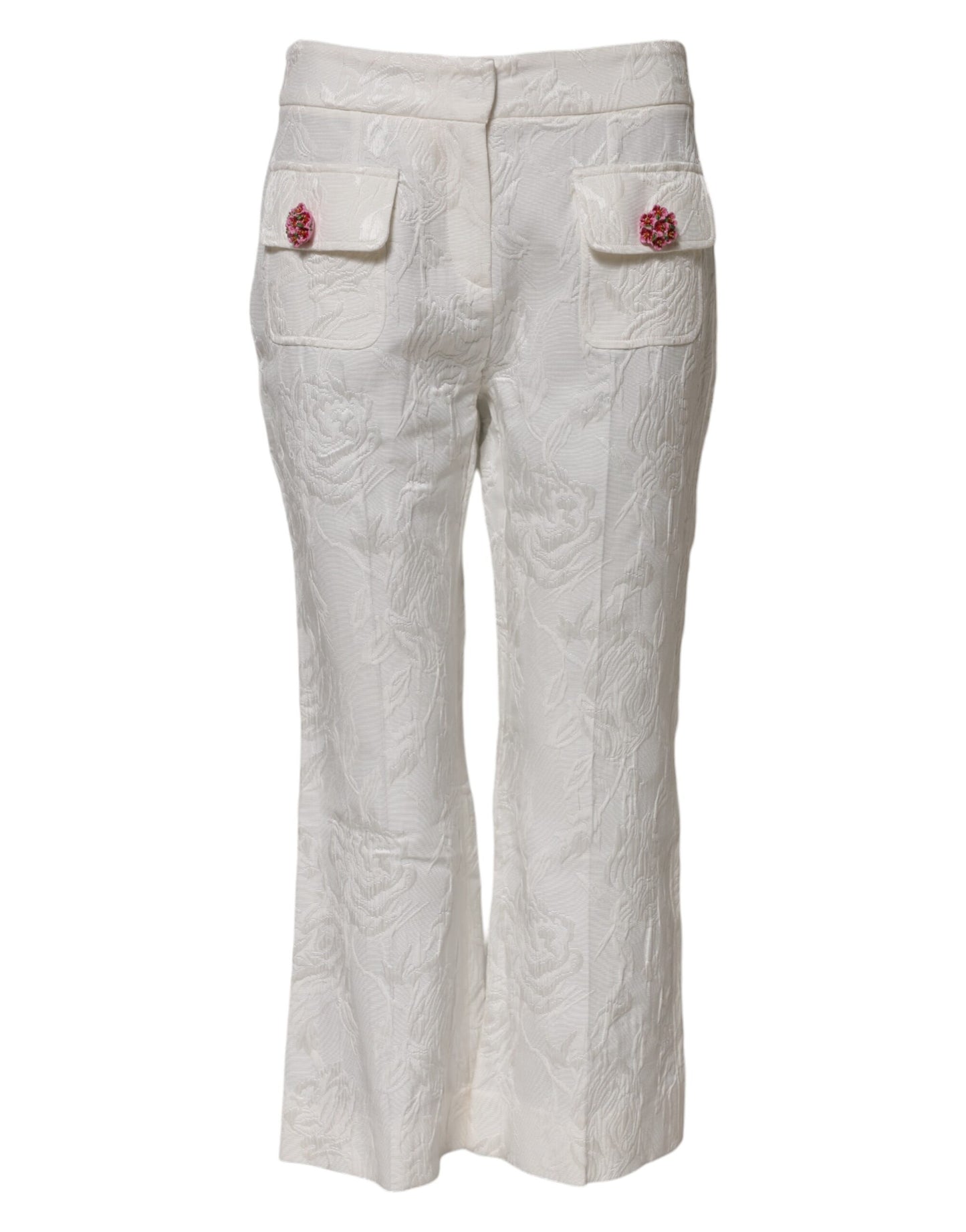 Dolce & Gabbana White Cotton Floral Jacquard Cropped Flared Pants